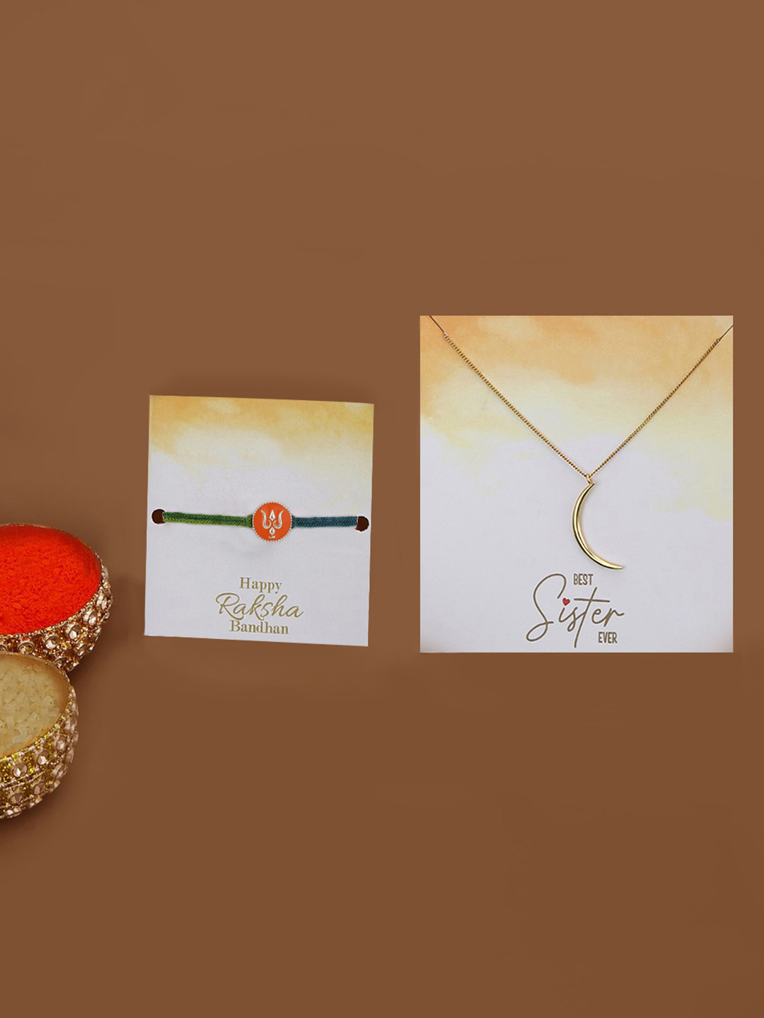 

Carlton London 925 Sterling Silver Enamel Rakhi & Crescent Shaped Pendant with Chain Set, Gold