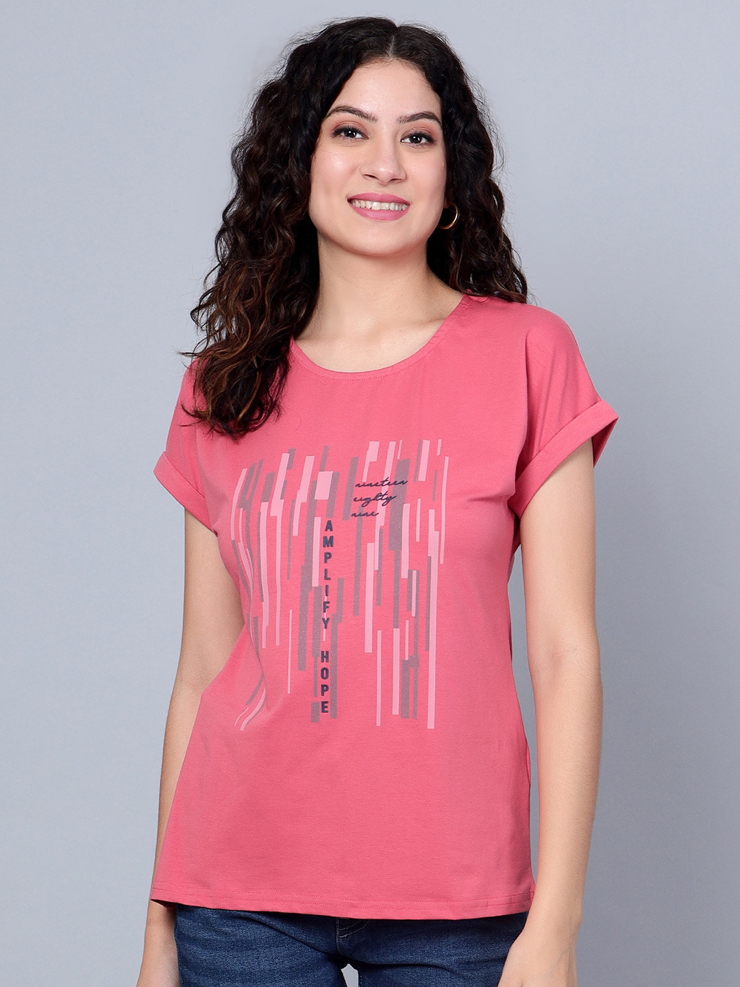 

Cantabil Typography Printed Extended Sleeves Cotton Regular T-shirt, Pink