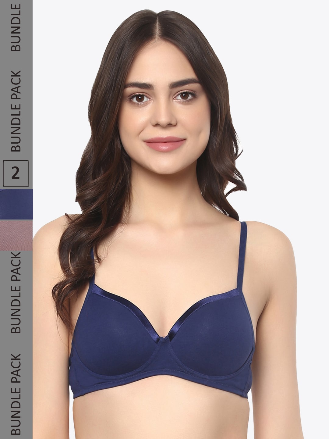 

SOIE Semi/Medium Coverage Padded Non-Wired Satin Cotton Spandex T-shirt Bra-Pack of 2, Navy blue