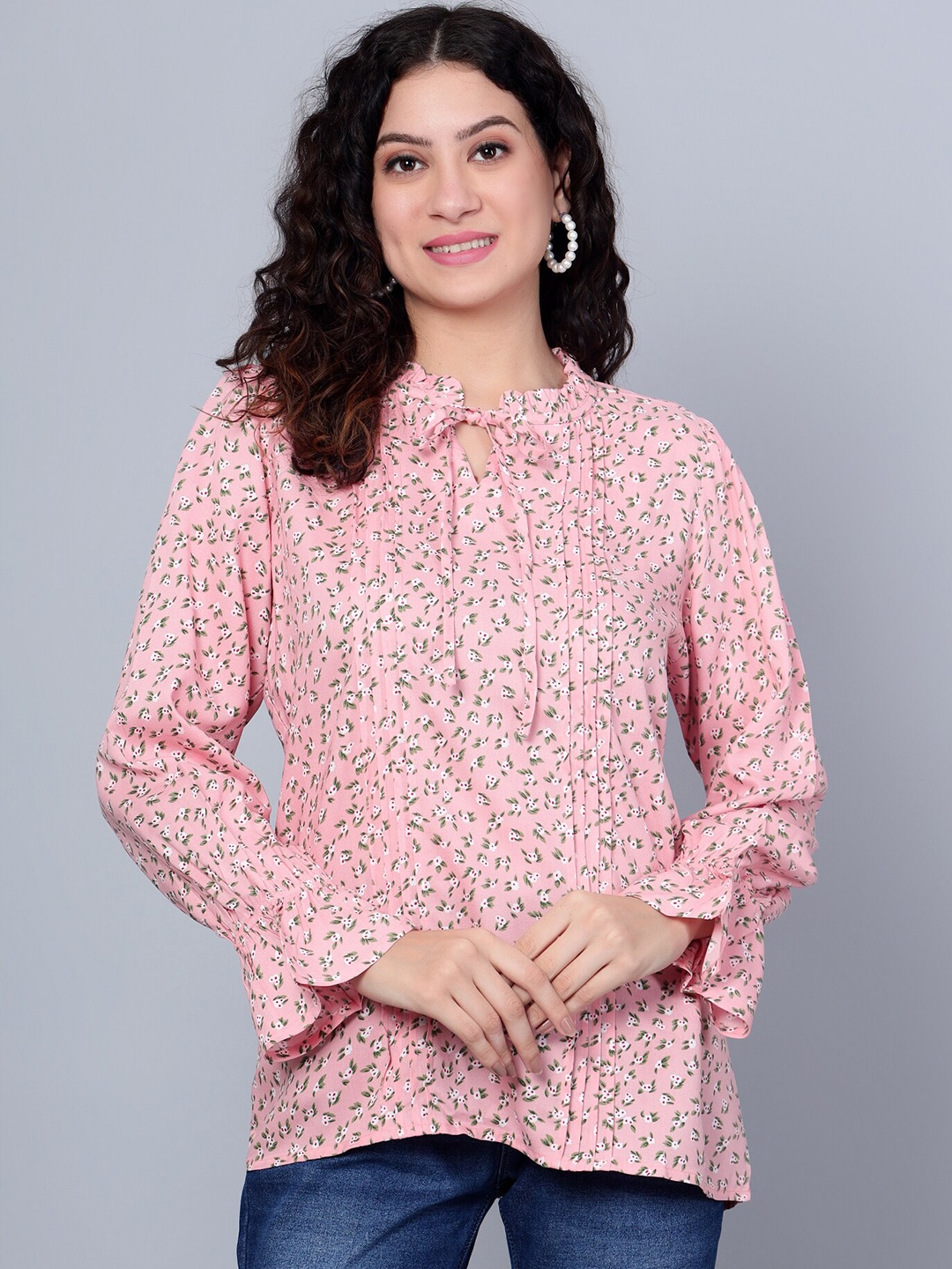 

Cantabil Floral Printed Tie-Up Neck Top, Pink