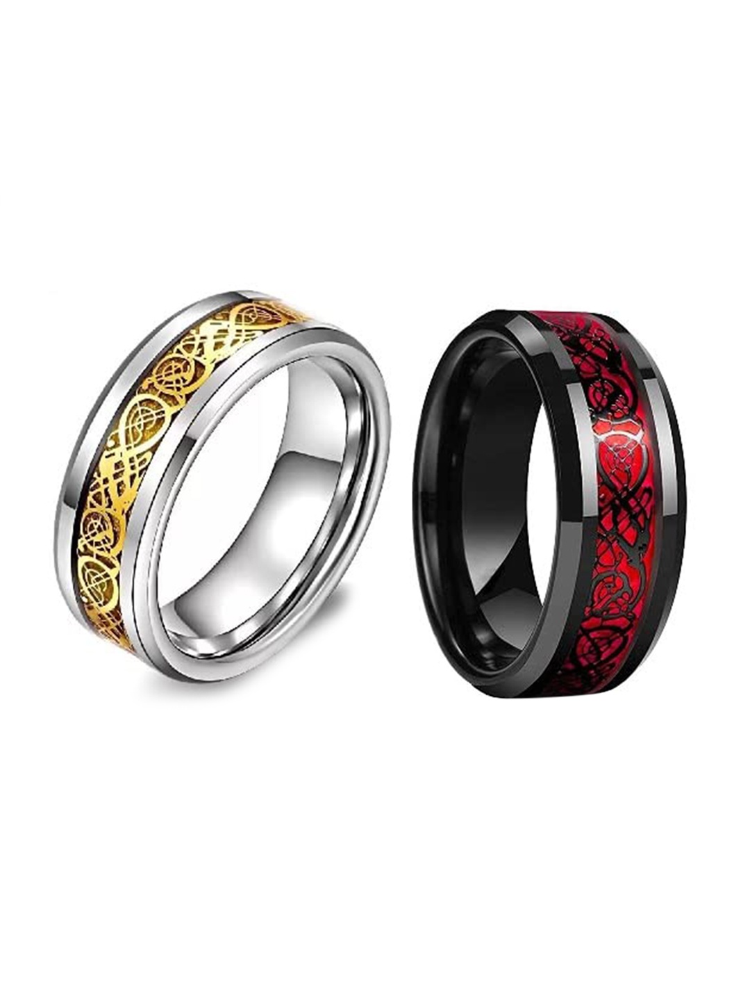 

MEENAZ Unisex Set Of 2 Silver-Plated Textured Finger Rings, Black