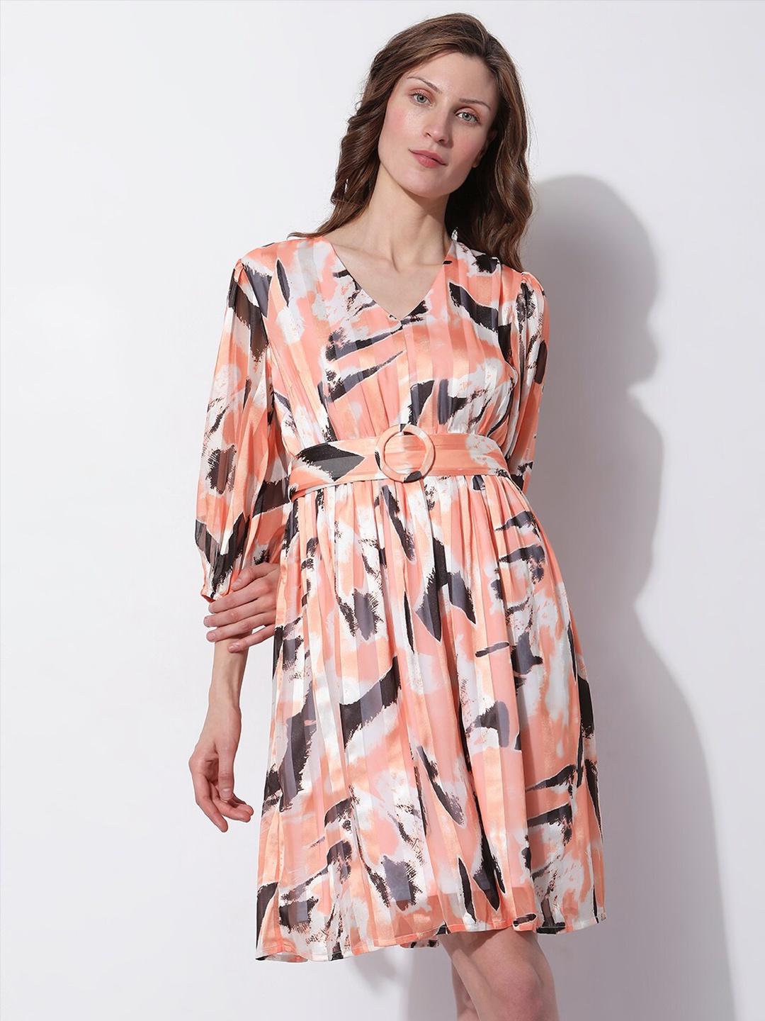 

Vero Moda Abstract Printed V-Neck Puff Sleeves A-Line Dress, Orange