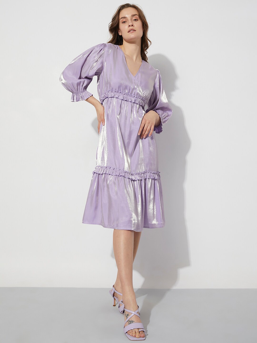 

Vero Moda V-Neck Puff Sleeves Tiered Detail A-Line Dress, Purple