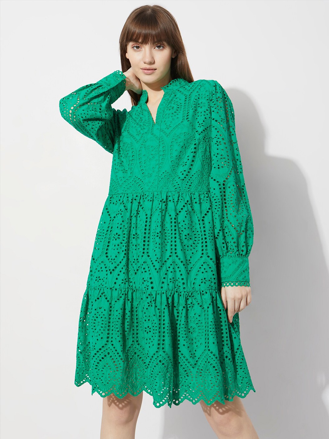 

Vero Moda Mandarin Collar Cuffed Sleeves Cotton A-Line Dress, Green