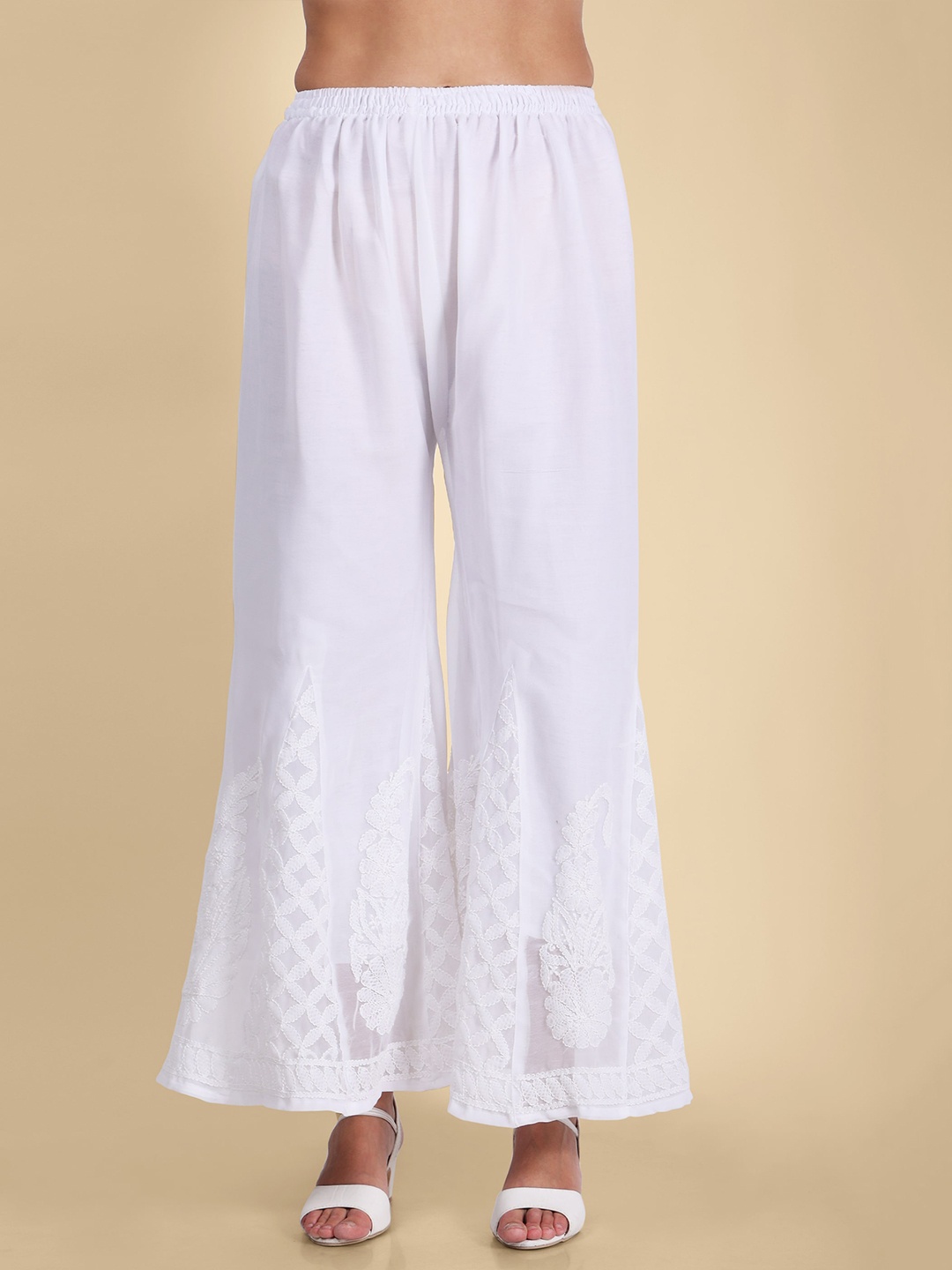 

Syrish Floral Embroidered Flared Georgette Palazzo, White