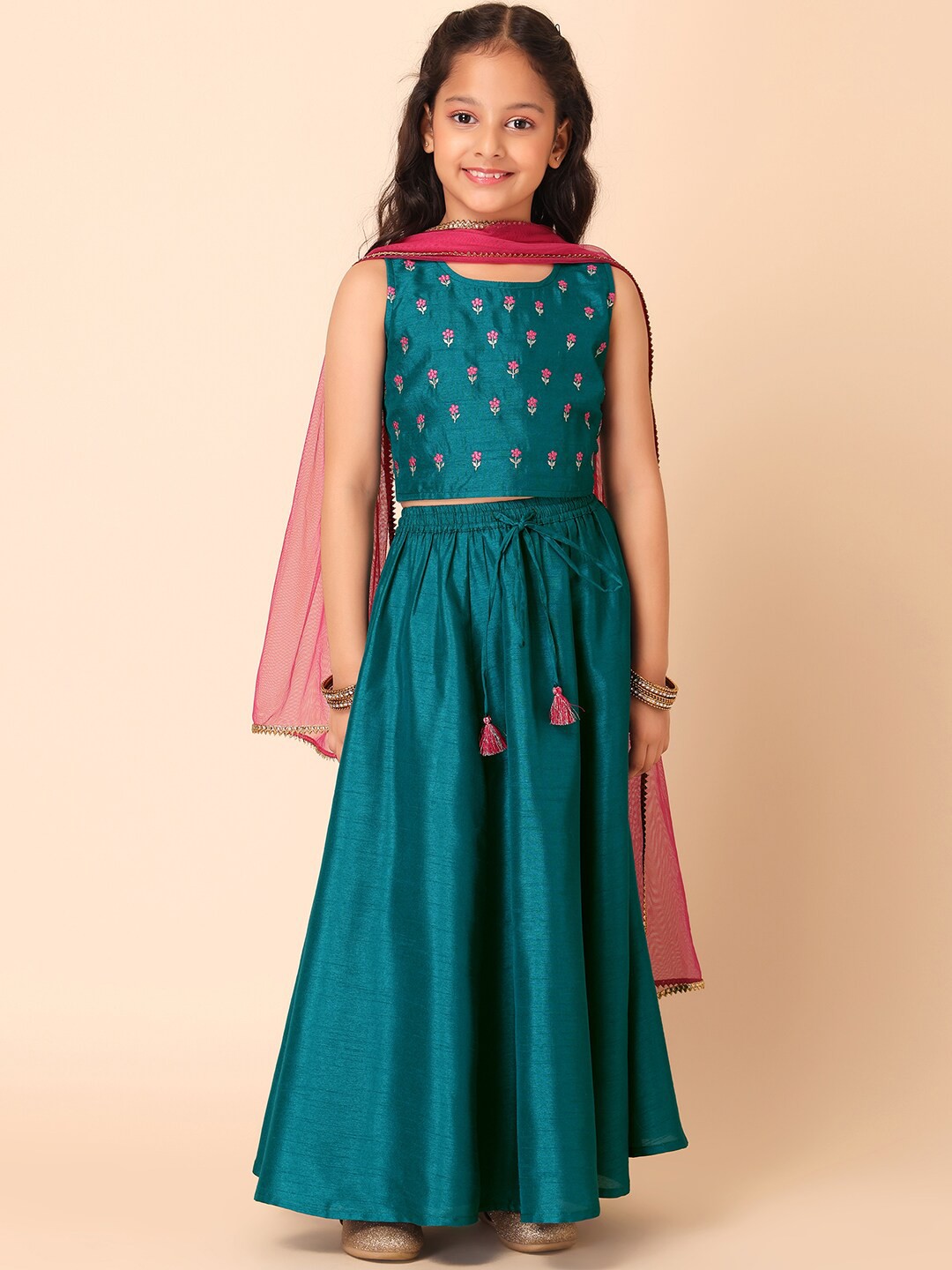 

Miss Indya Girls Embellished Ready to Wear Silk Lehenga & Blouse With Dupatta, Teal