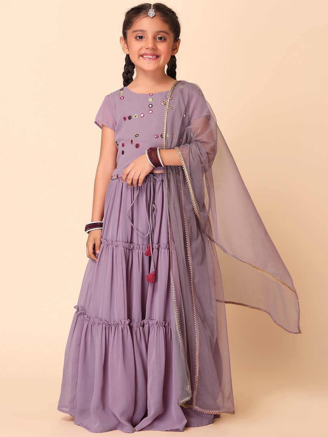 

Miss Indya Girls Embellished Thread Work Ready to Wear Lehenga & Blouse With Dupatta, Purple