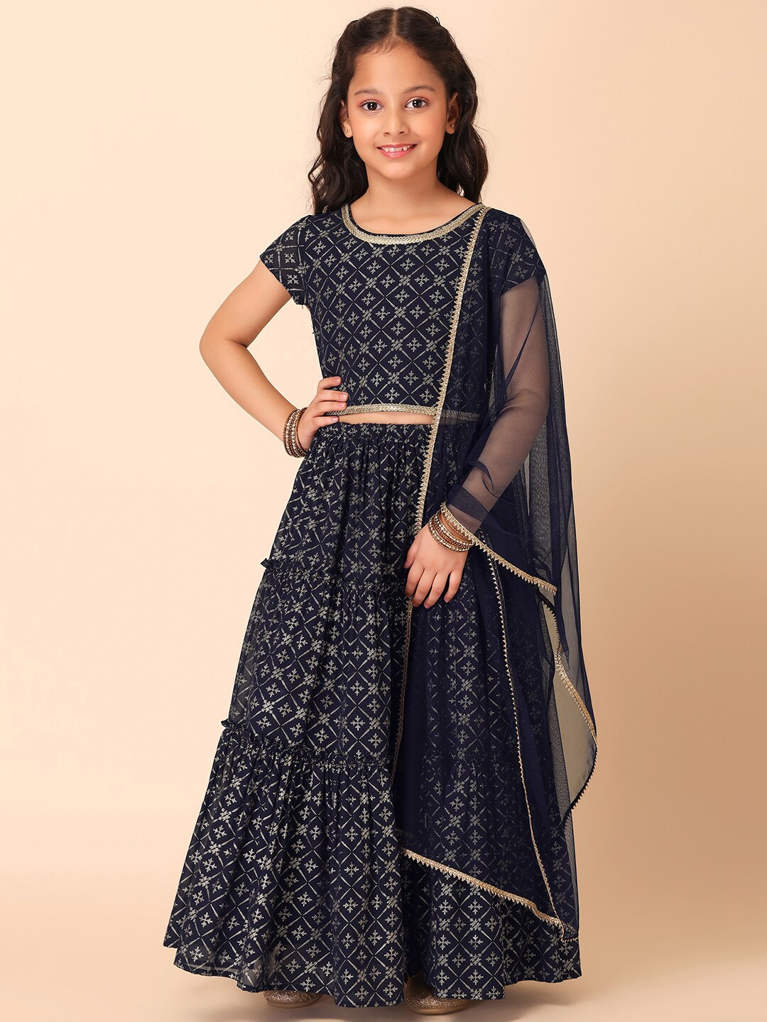 

Miss Indya Girls Printed Ready to Wear Lehenga & Blouse With Dupatta, Navy blue