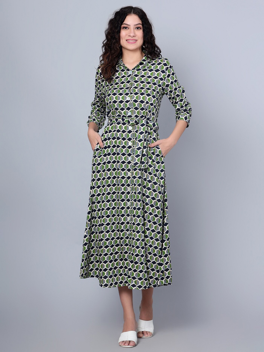 

Cantabil Geometric Printed Shirt Collar Belted Detailed A-Line Dress, Black