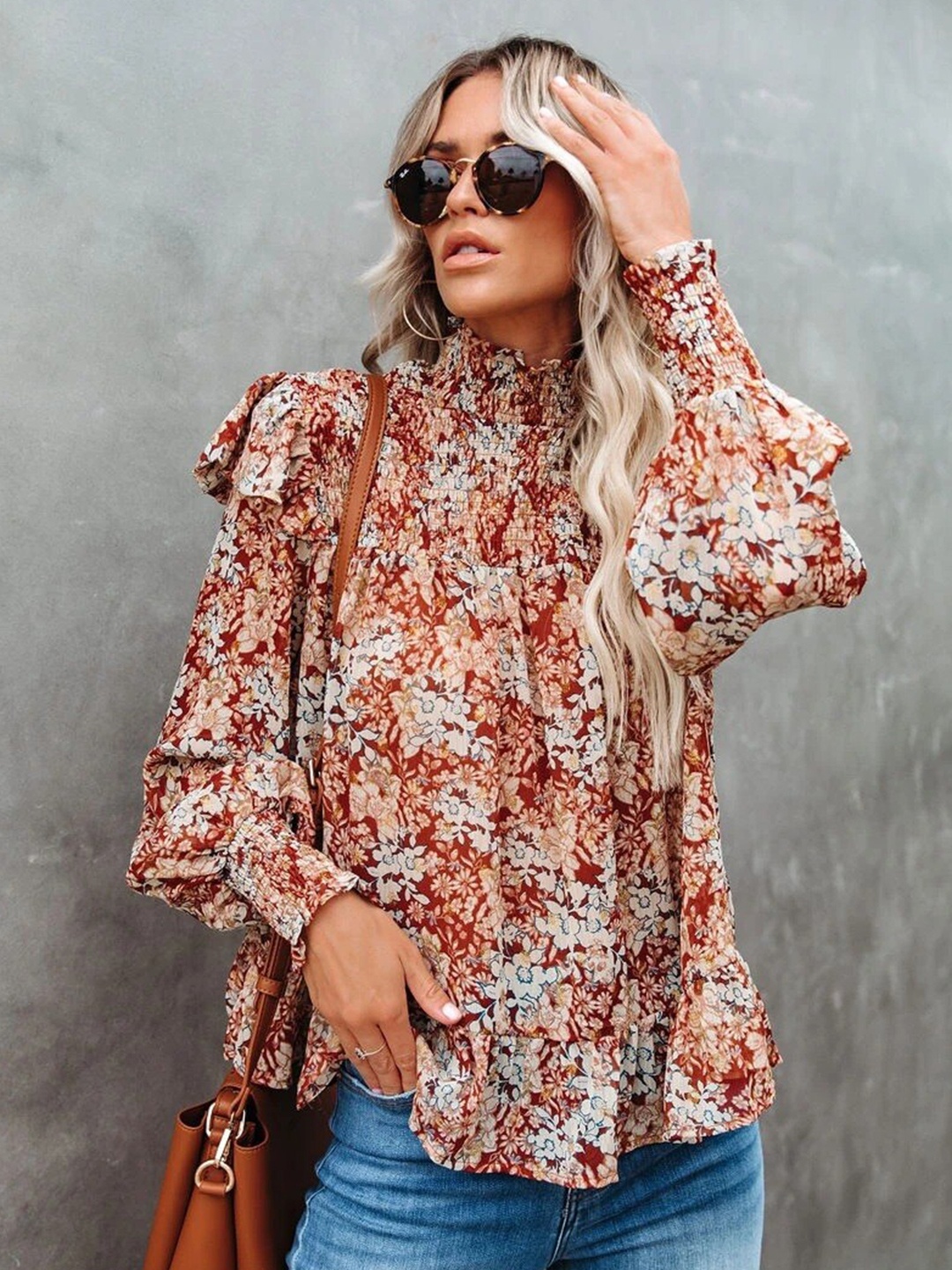 

BoStreet Orange Floral Printed Ruffled Smocked High Neck Puff Sleeve Top