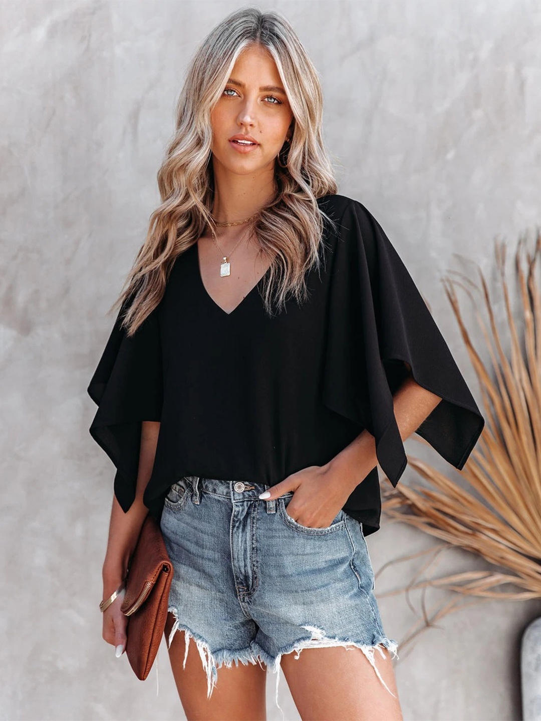 

BoStreet Black V-Neck Flared Sleeves Top