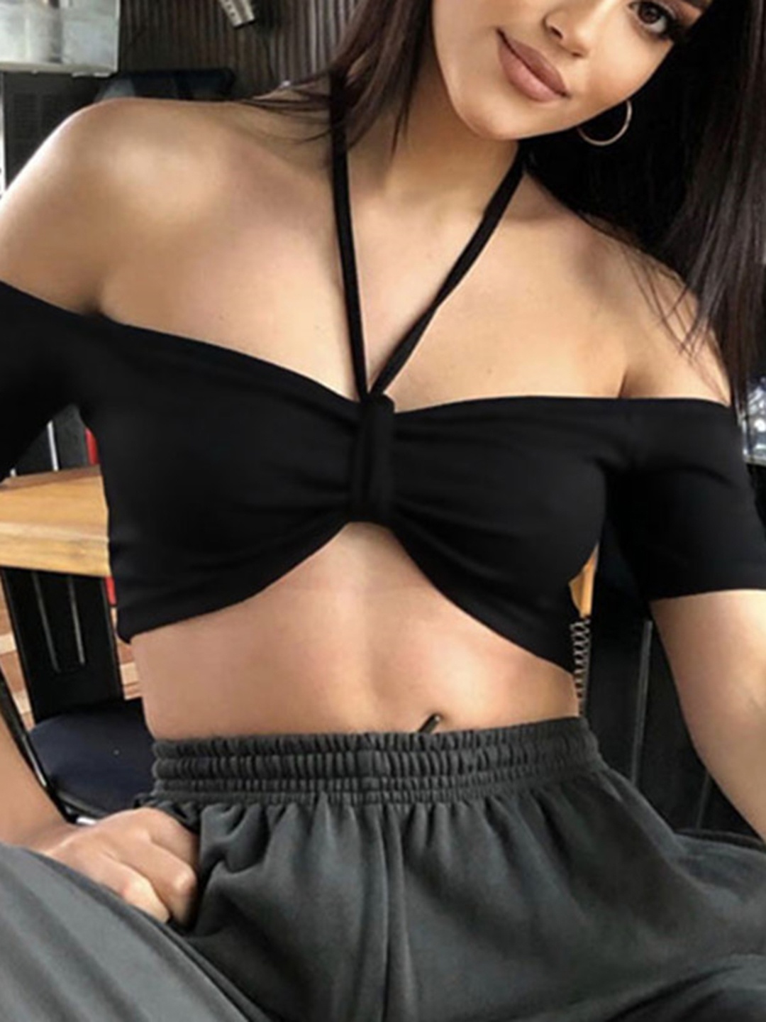

StyleCast Black Halter Neck Bardot Crop Top