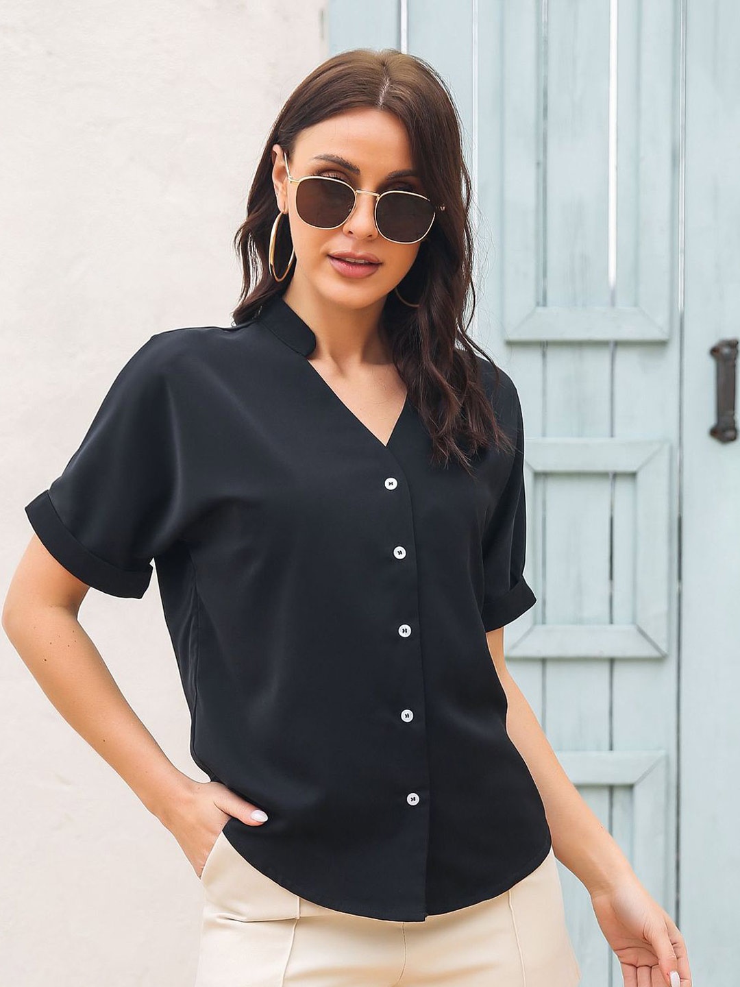 

BoStreet Black Mandarin Collar Extended Sleeves Shirt Style Top