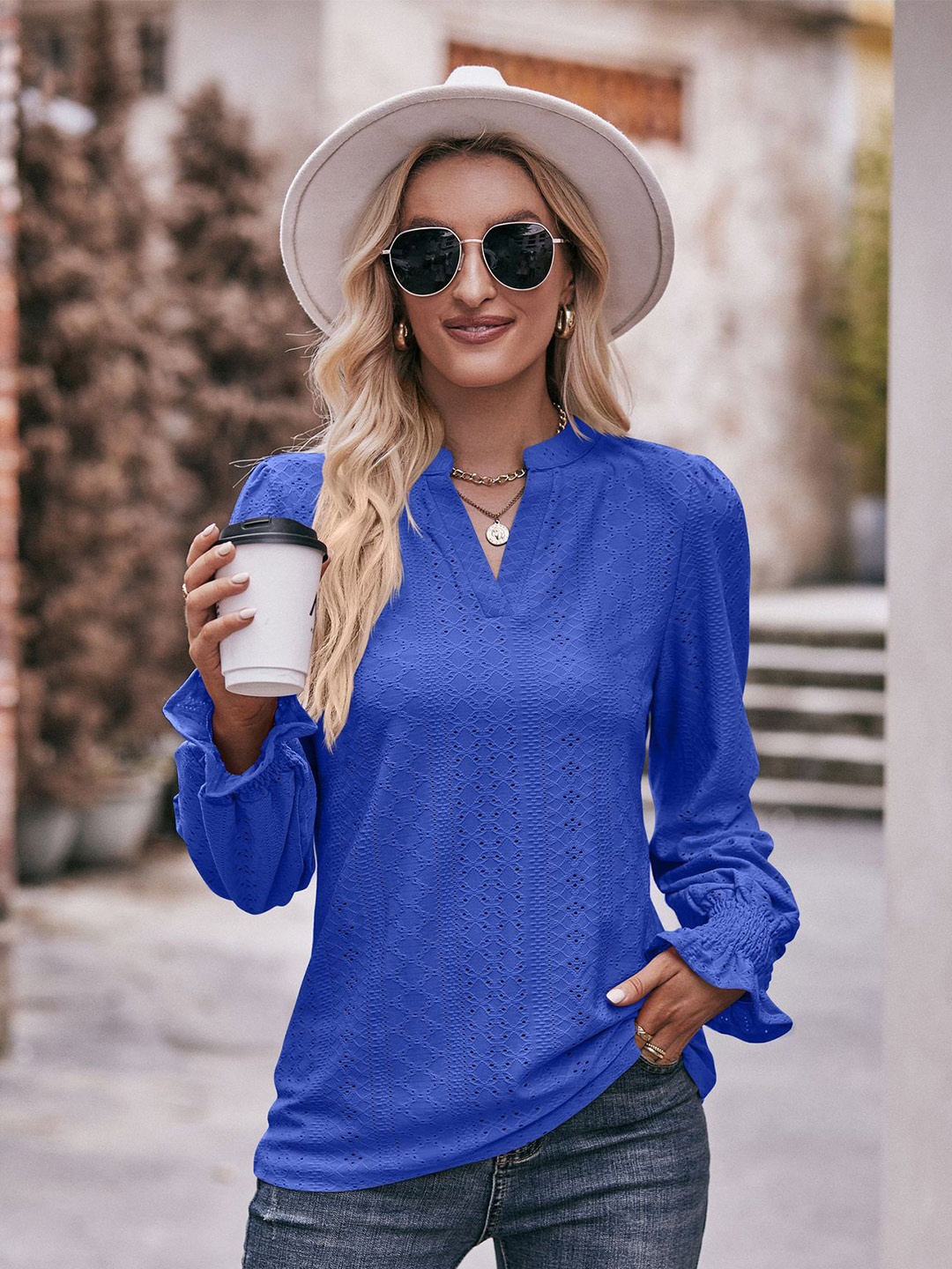 

BoStreet Blue Self Design Puff Sleeves Mandarin Collar Top