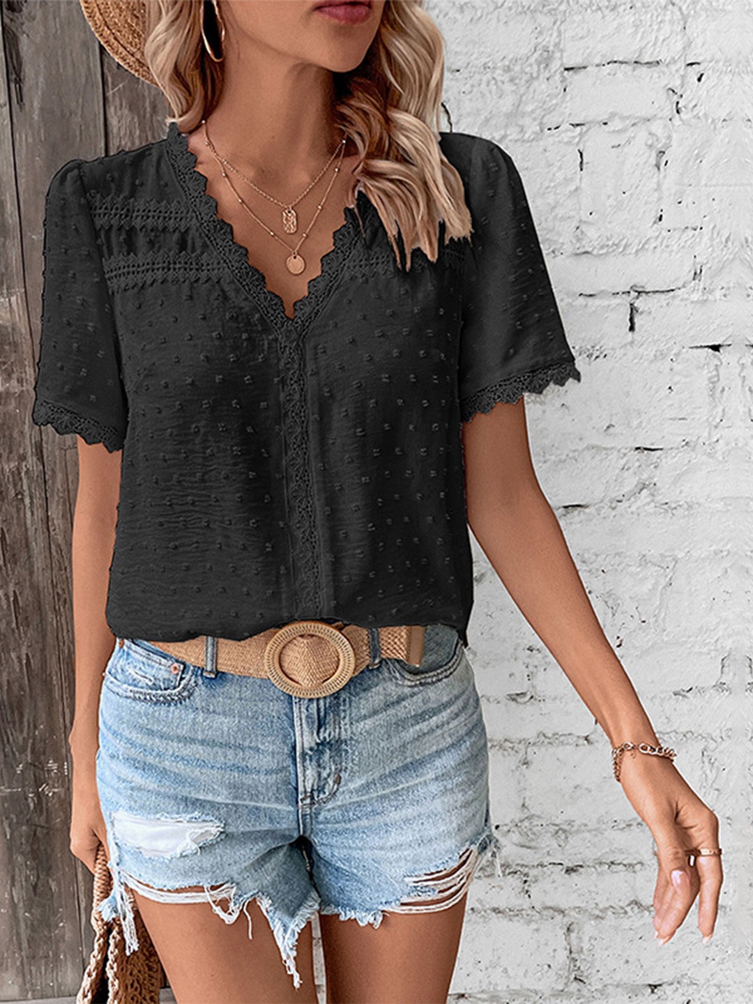 

BoStreet Black Self Design V-Neck Lace Insert Detail Top
