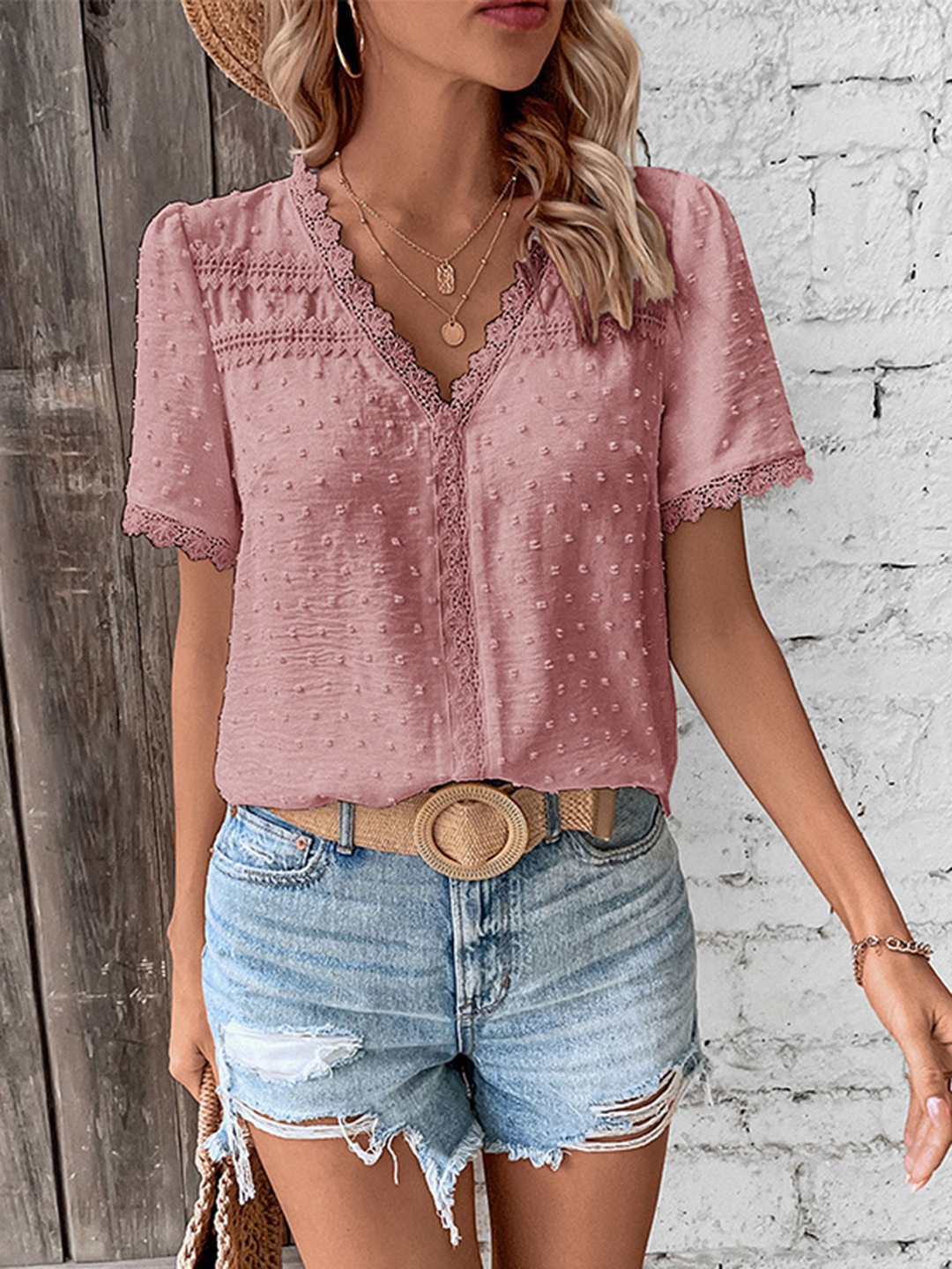 

BoStreet Pink Self Design Puffed Sleeves Top