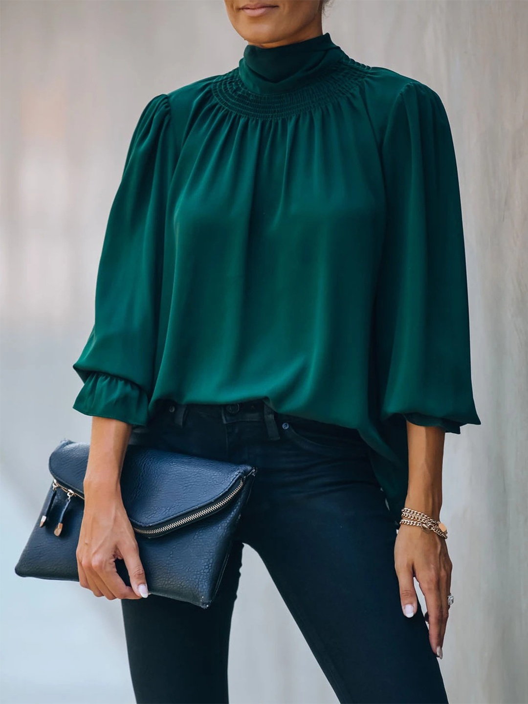 

StyleCast Green High Neck Puffed Sleeves A-Line Top