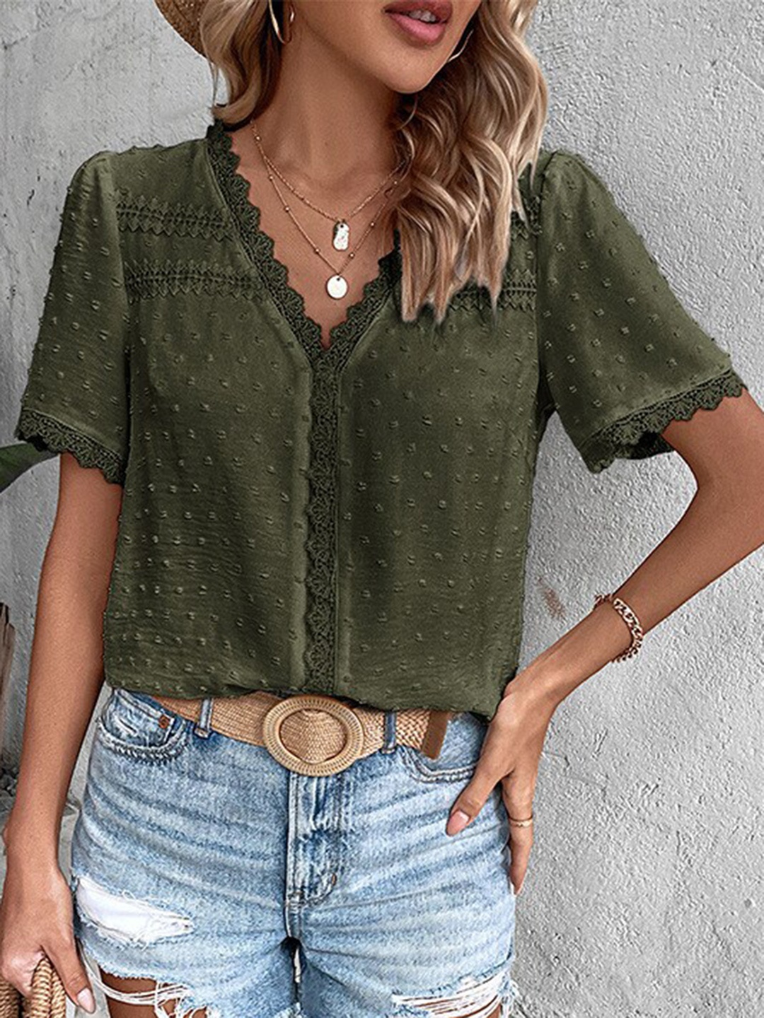 

BoStreet Olive Green Self Design V-Neck Puff Sleeves Lace Up Regular Crop Top