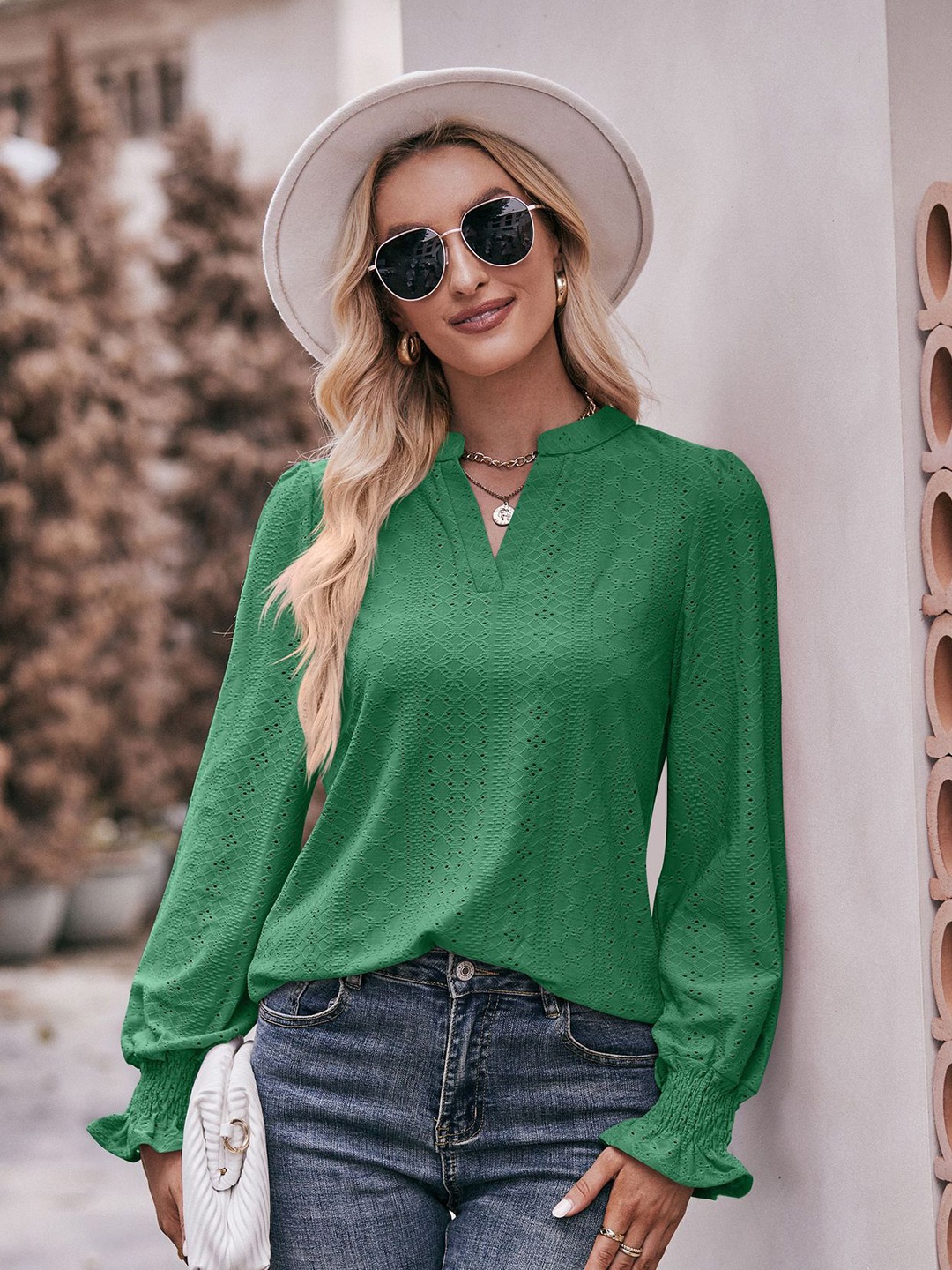 

StyleCast Green Self Design Mandarin Collar Puff Sleeves Top