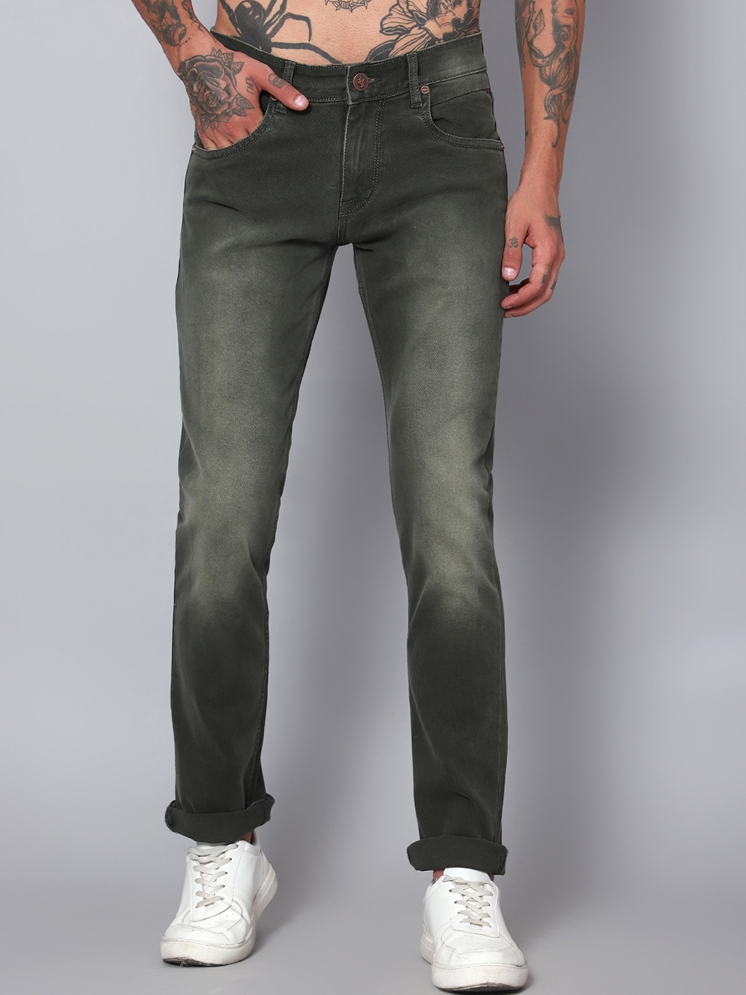

Cantabil Men Comfort Heavy Fade Clean Look Cotton Stretchable Jeans, Olive