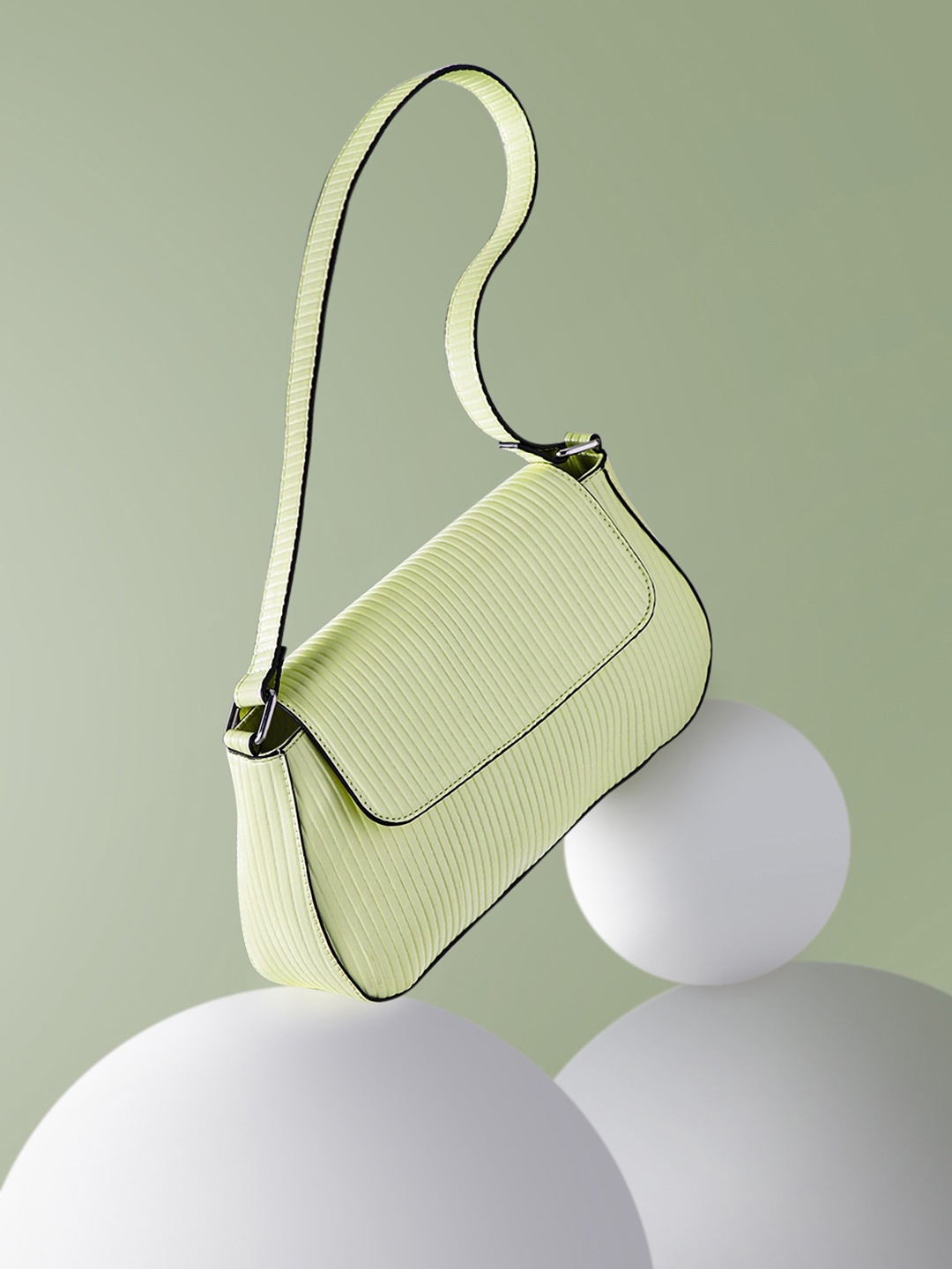 

French Connection Self Striped PU Structured Shoulder Bag, Lime green