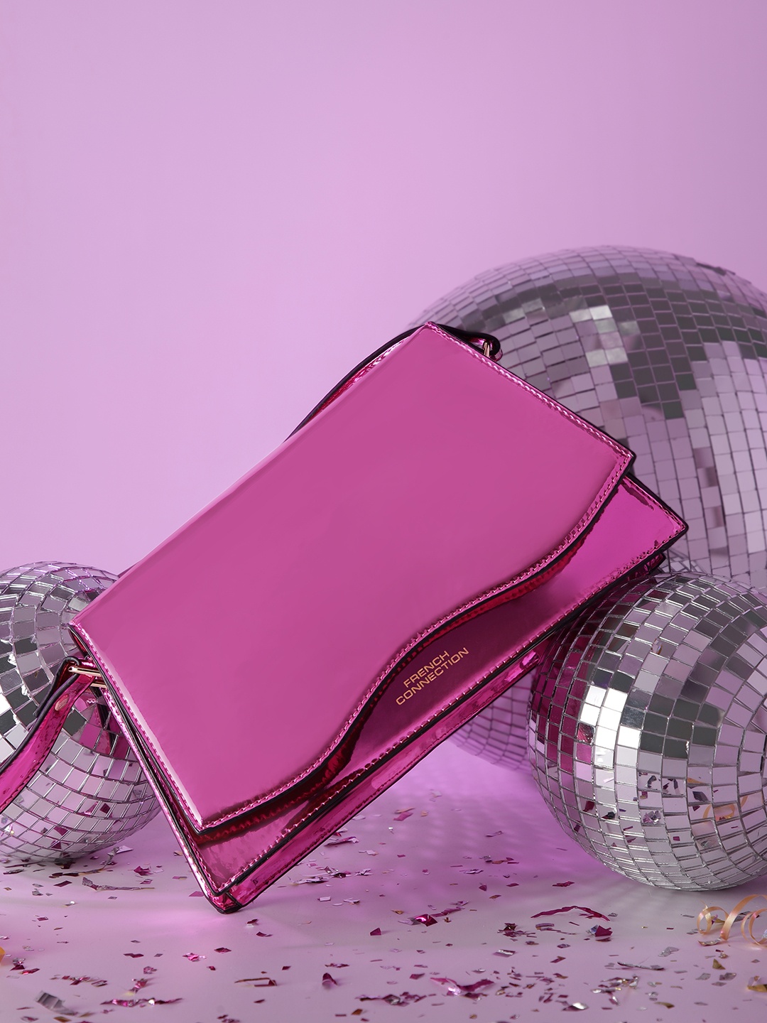 

French Connection Solid Glossy Structured Baguette Bag, Pink
