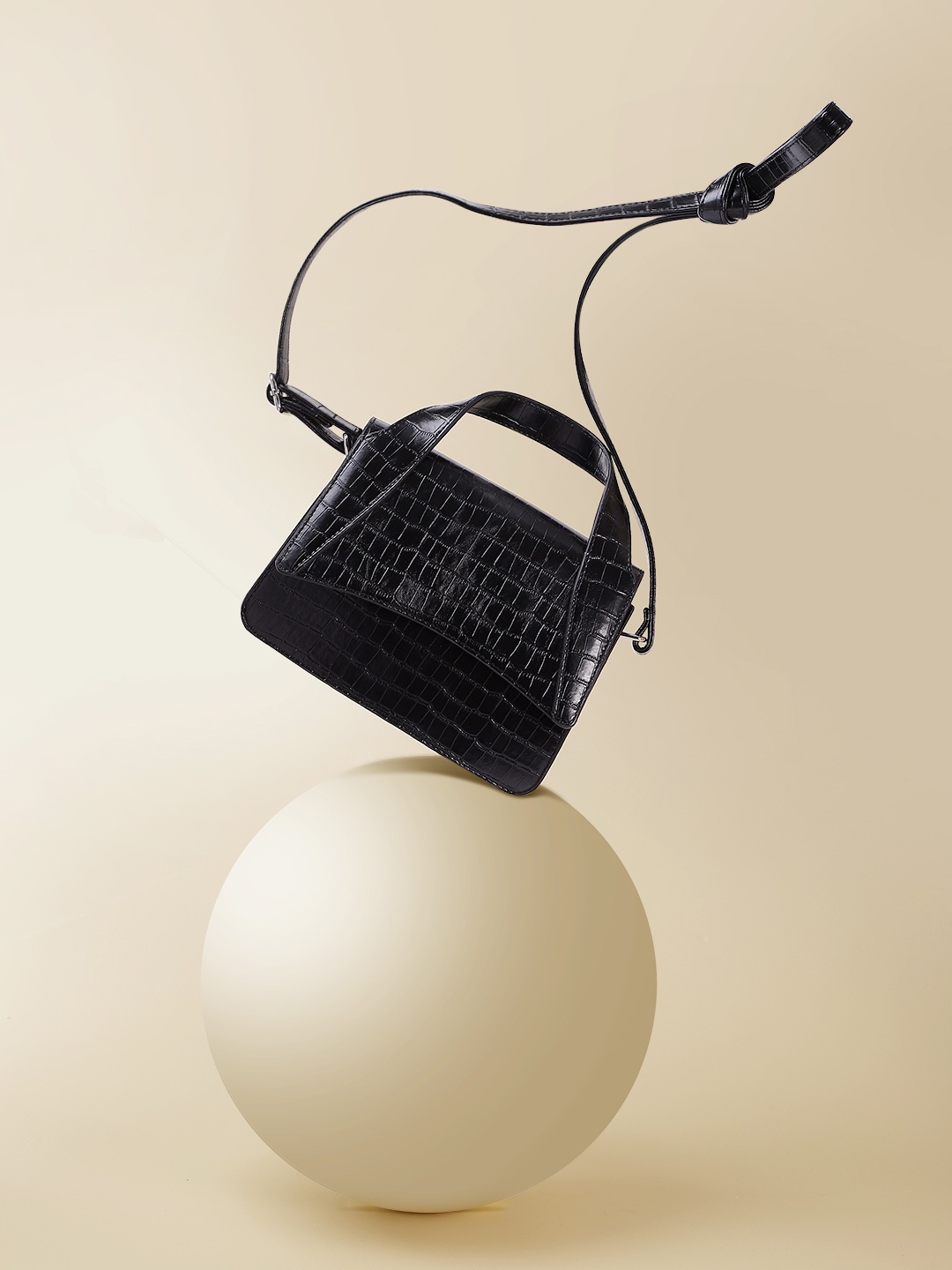 

French Connection Crocodile Textured PU Structured Satchel, Black