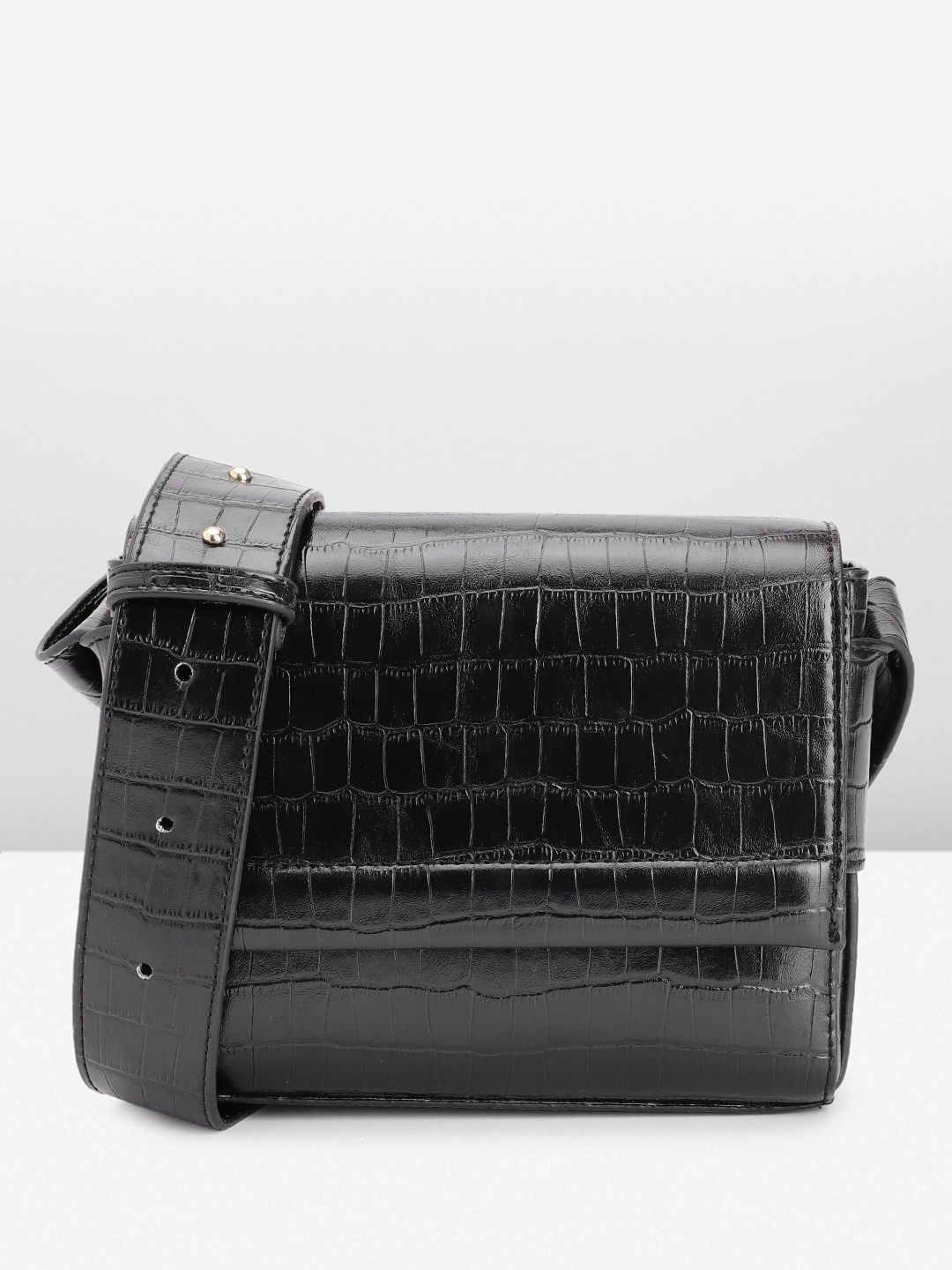 

French Connection Crocodile Textured PU Structured Sling Bag, Black