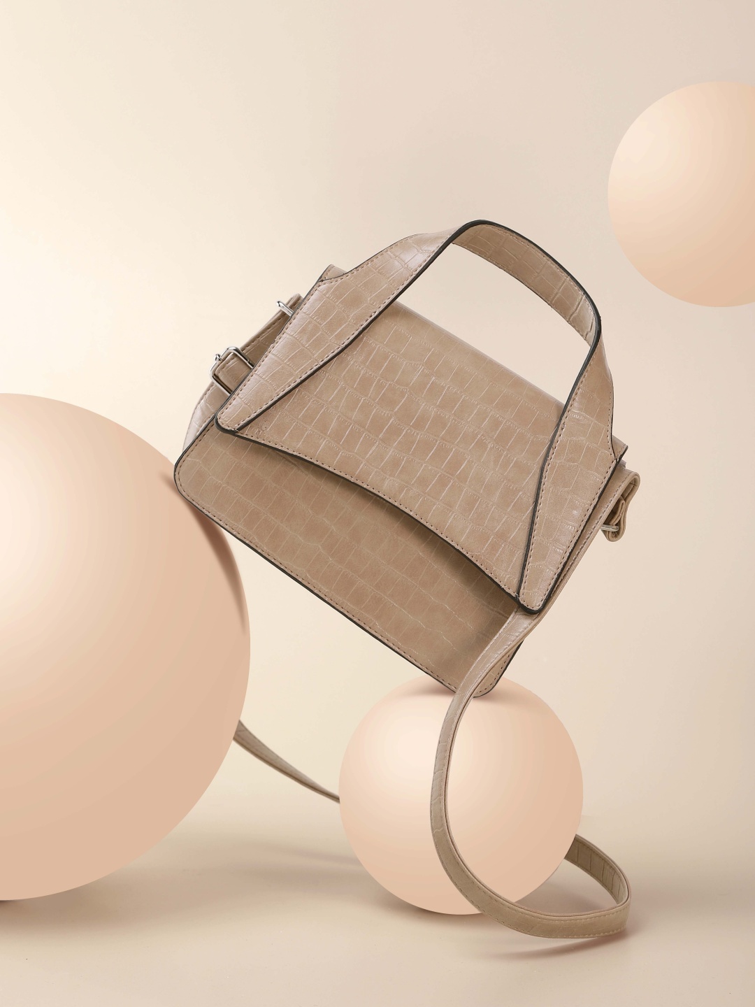

French Connection Crocodile Textured PU Structured Satchel, Beige