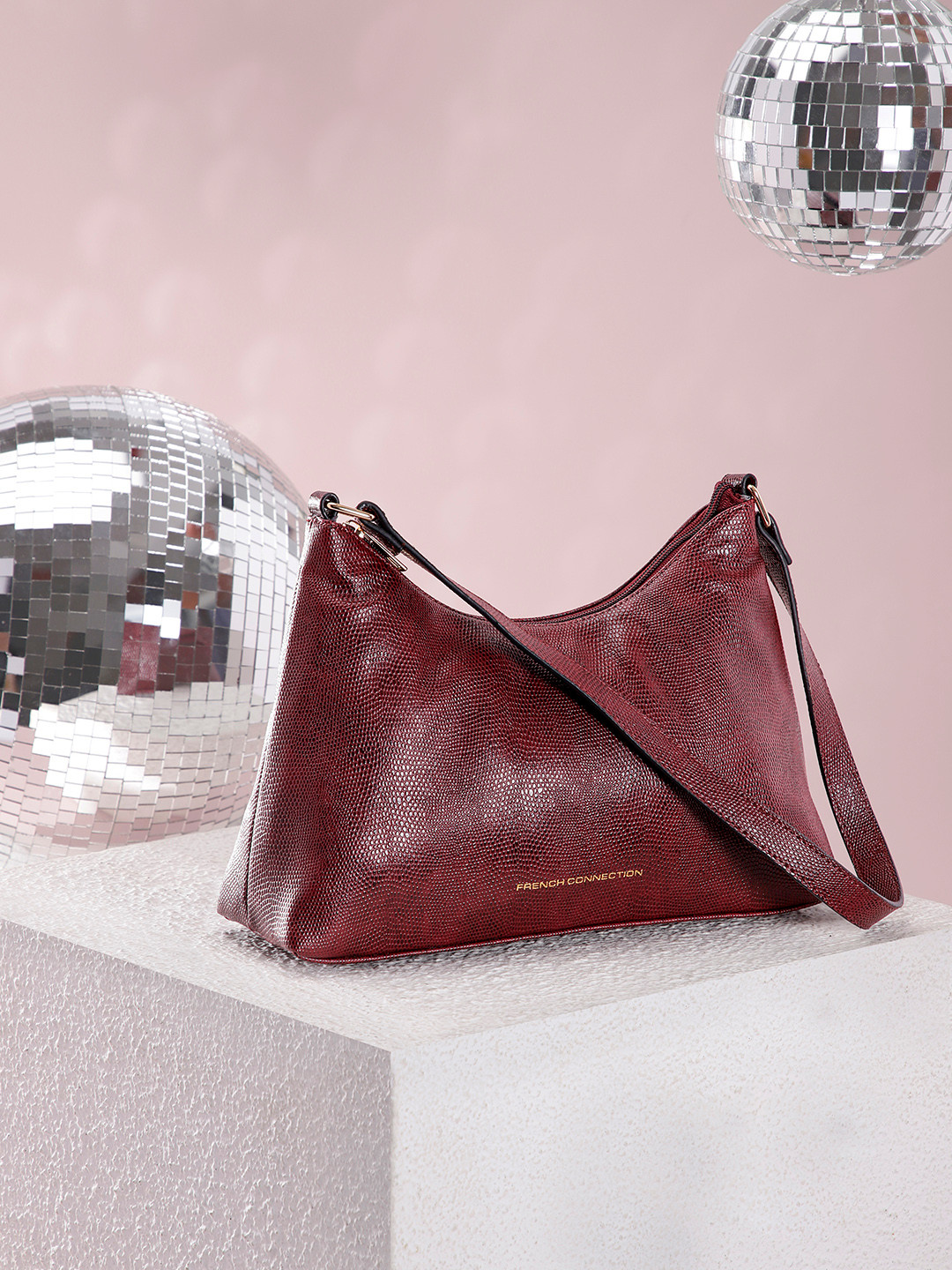 

French Connection Snake Skin Textured PU Structured Shoulder Bag, Burgundy