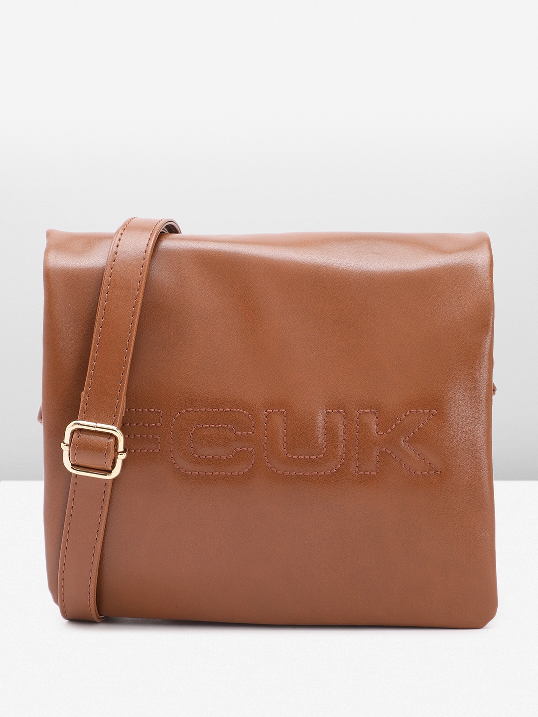 

French Connection Brand Logo Embossed PU Structured Sling Bag, Tan