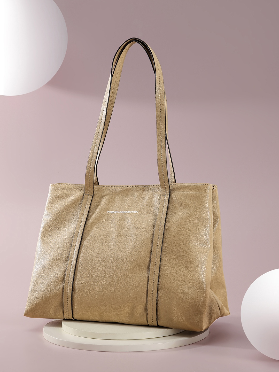 

French Connection Solid PU Structured Shoulder Bag, Beige