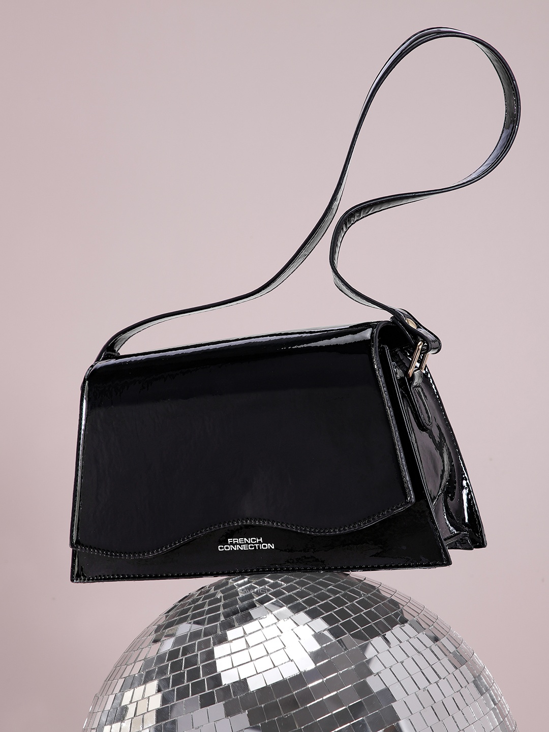 

French Connection Solid PU Structured Glossy Shoulder Bag, Black