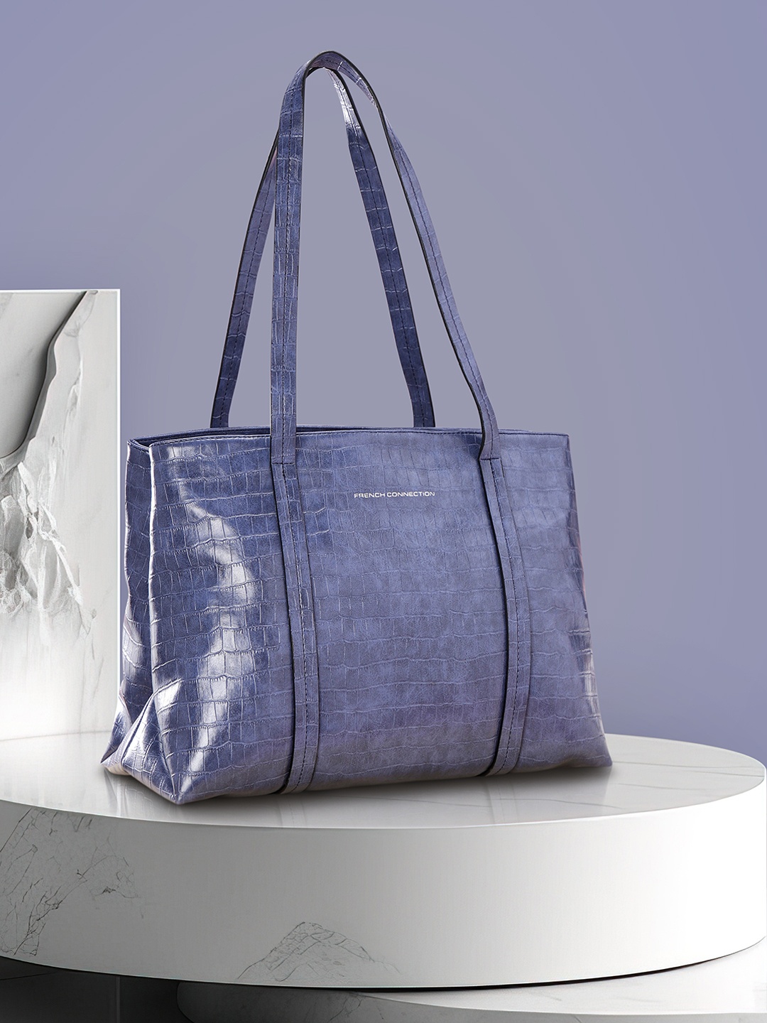 

French Connection Crocodile Textured PU Structured Shoulder Bag, Blue