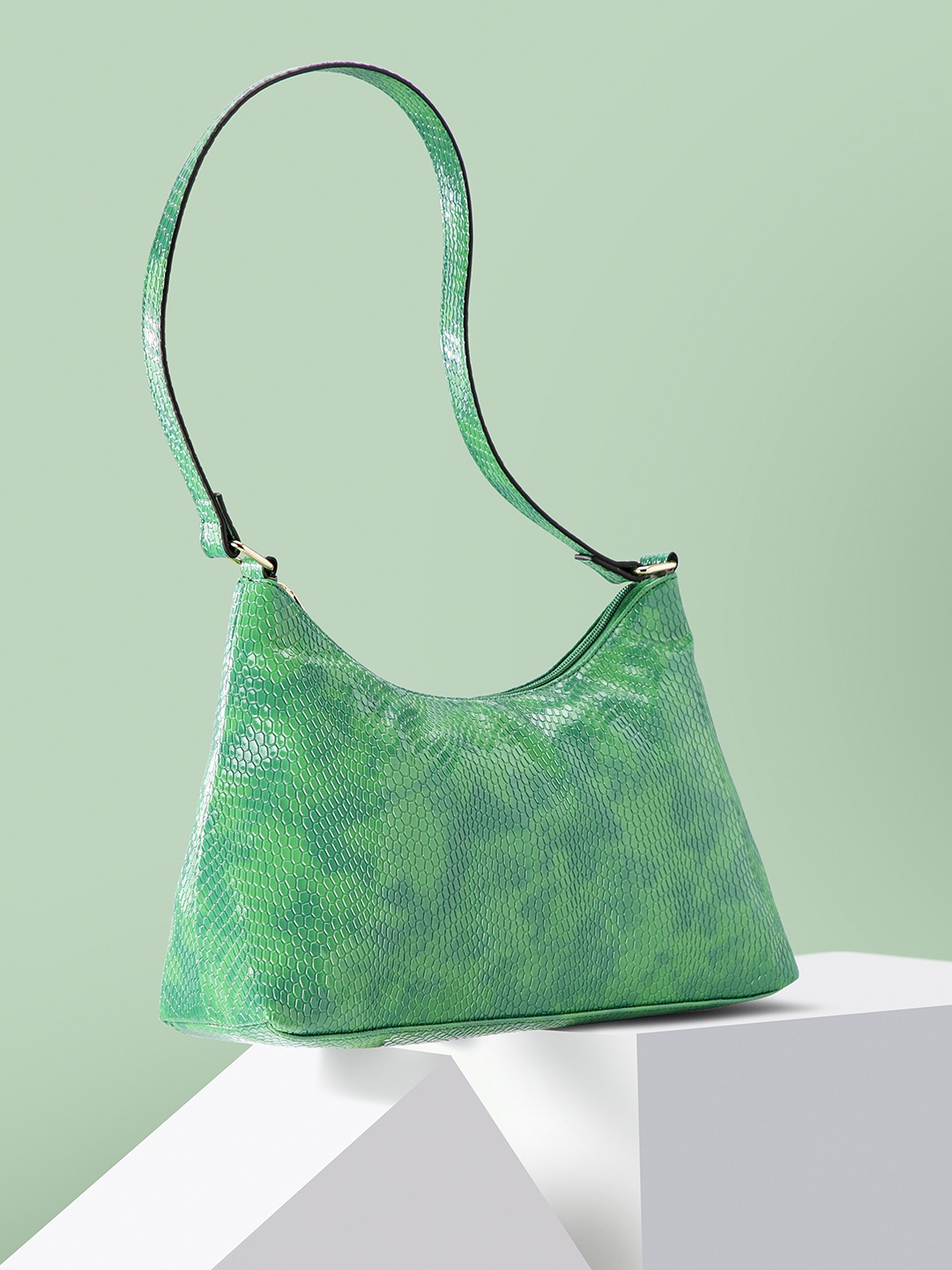 

French Connection Crocodile Textured PU Structured Shoulder Bag, Green