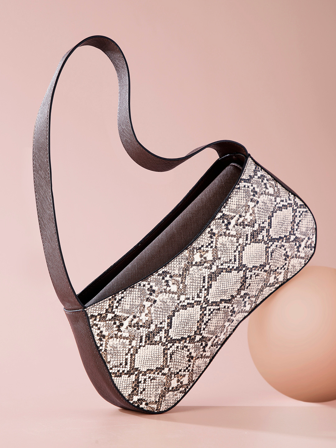 

French Connection Snake Textured & Colourblocked PU Structured Hobo Bag, Beige