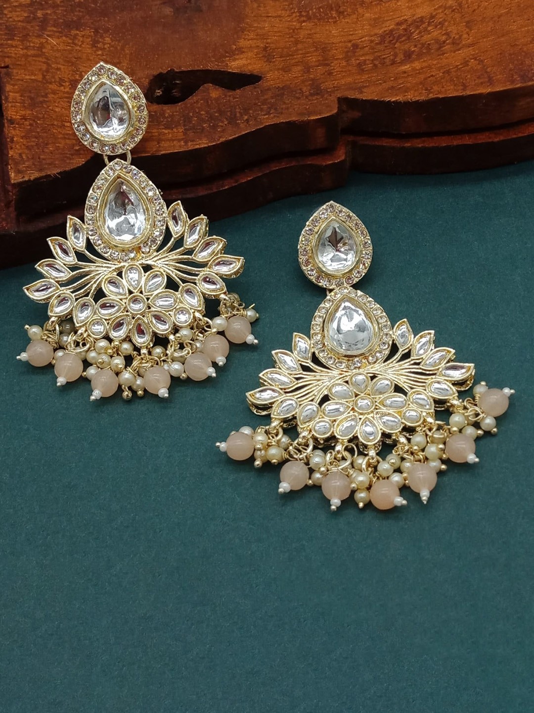 

AASHISH IMITATION Gold-Plated Kundan-Studded & Beaded Drop Earrings, Peach