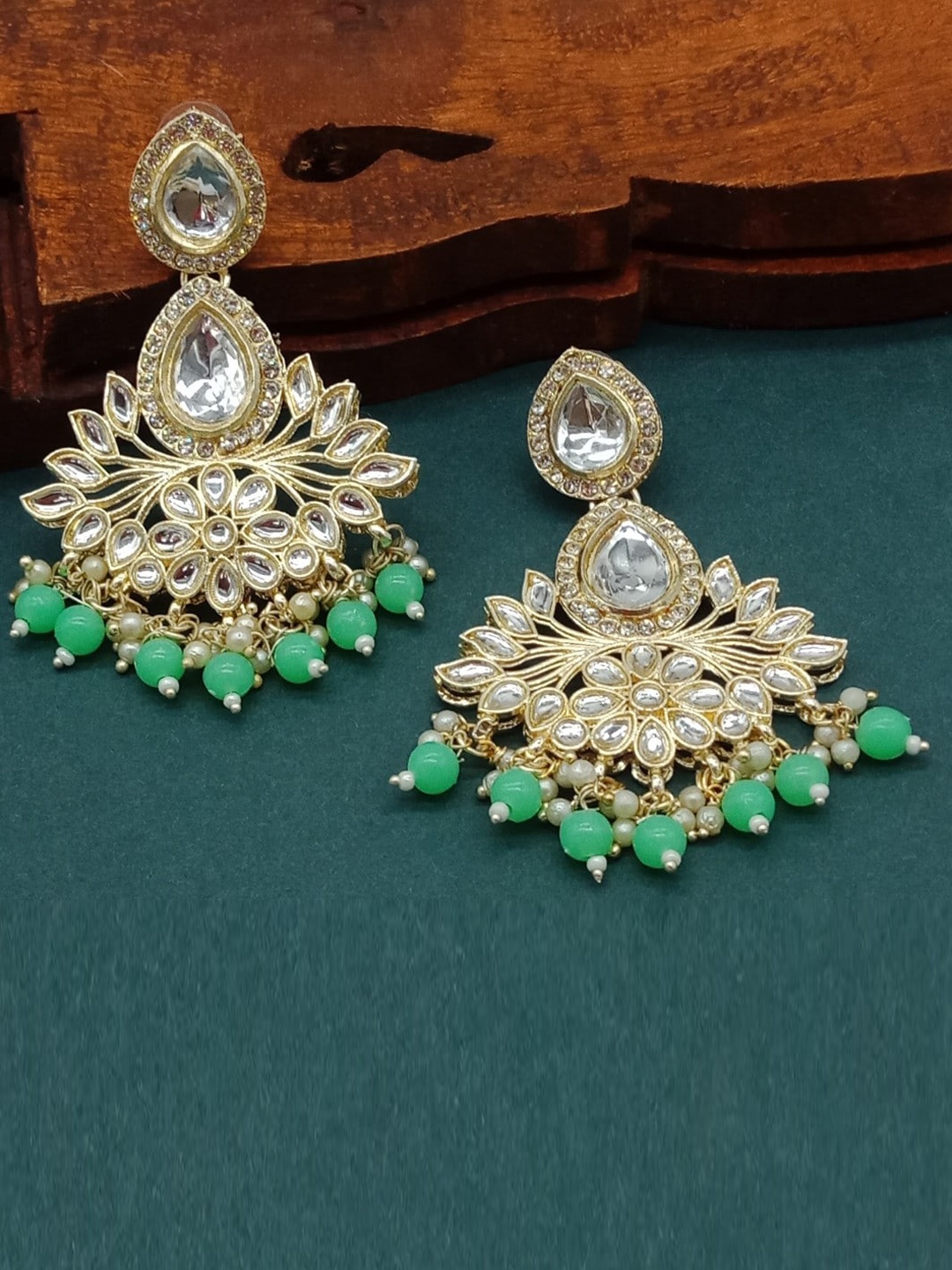 

AASHISH IMITATION Gold-Plated Kundan-Studded & Beaded Drop Earrings, Olive
