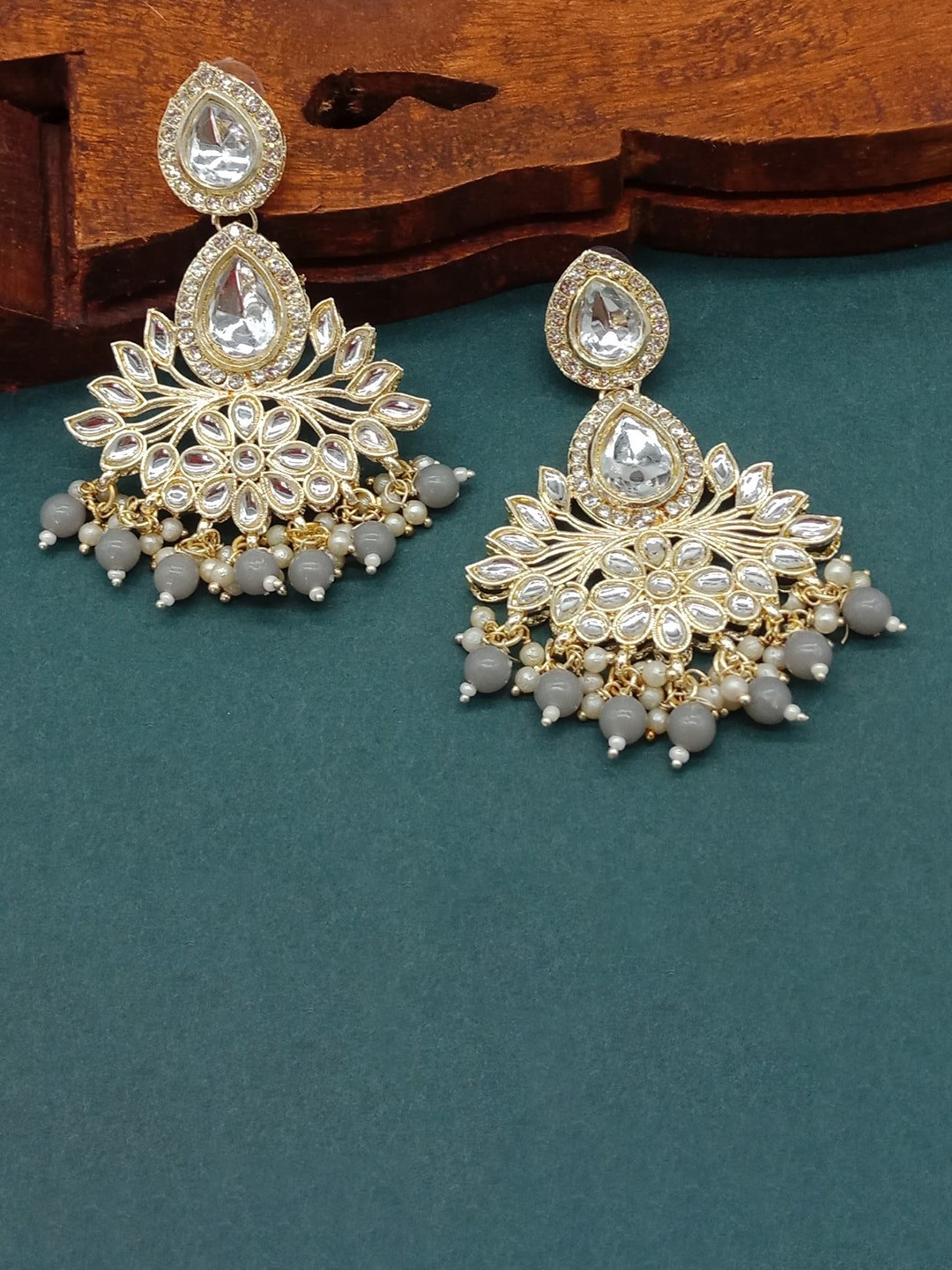 

AASHISH IMITATION Gold Plated Contemporary Kundan Studded & Beaded Drop Earrings