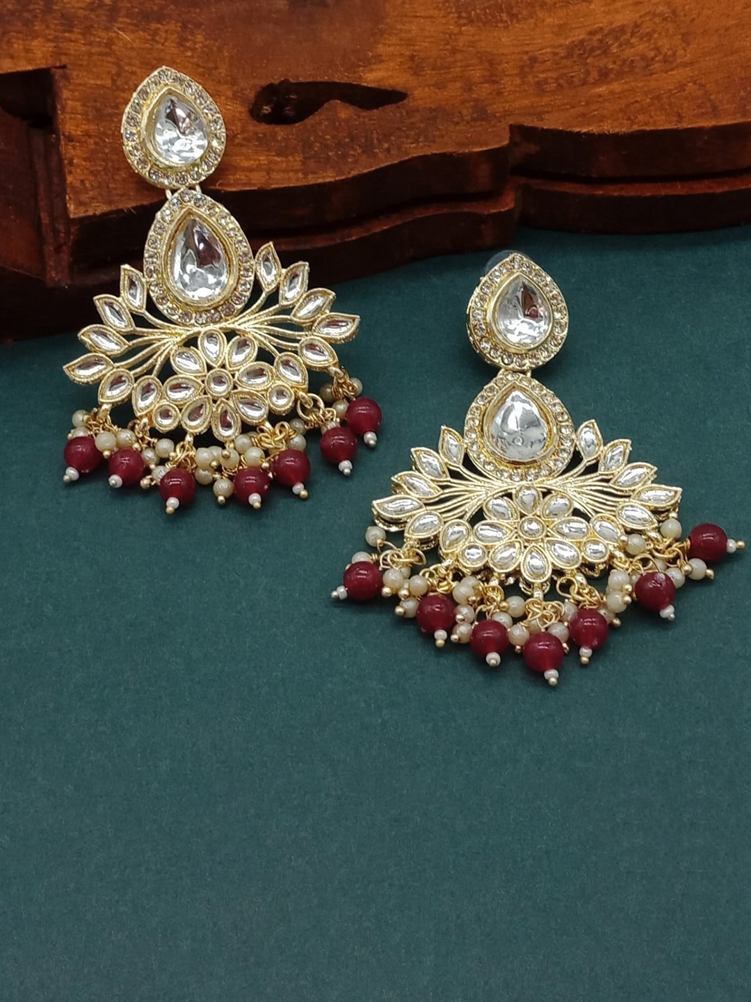 

AASHISH IMITATION Gold Plated Contemporary Kundan Studded & Beaded Drop Earrings