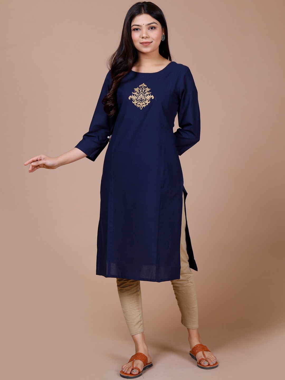 

DESI BEATS Ethnic Motifs Yoke Design Pure Cotton Straight Kurta, Navy blue