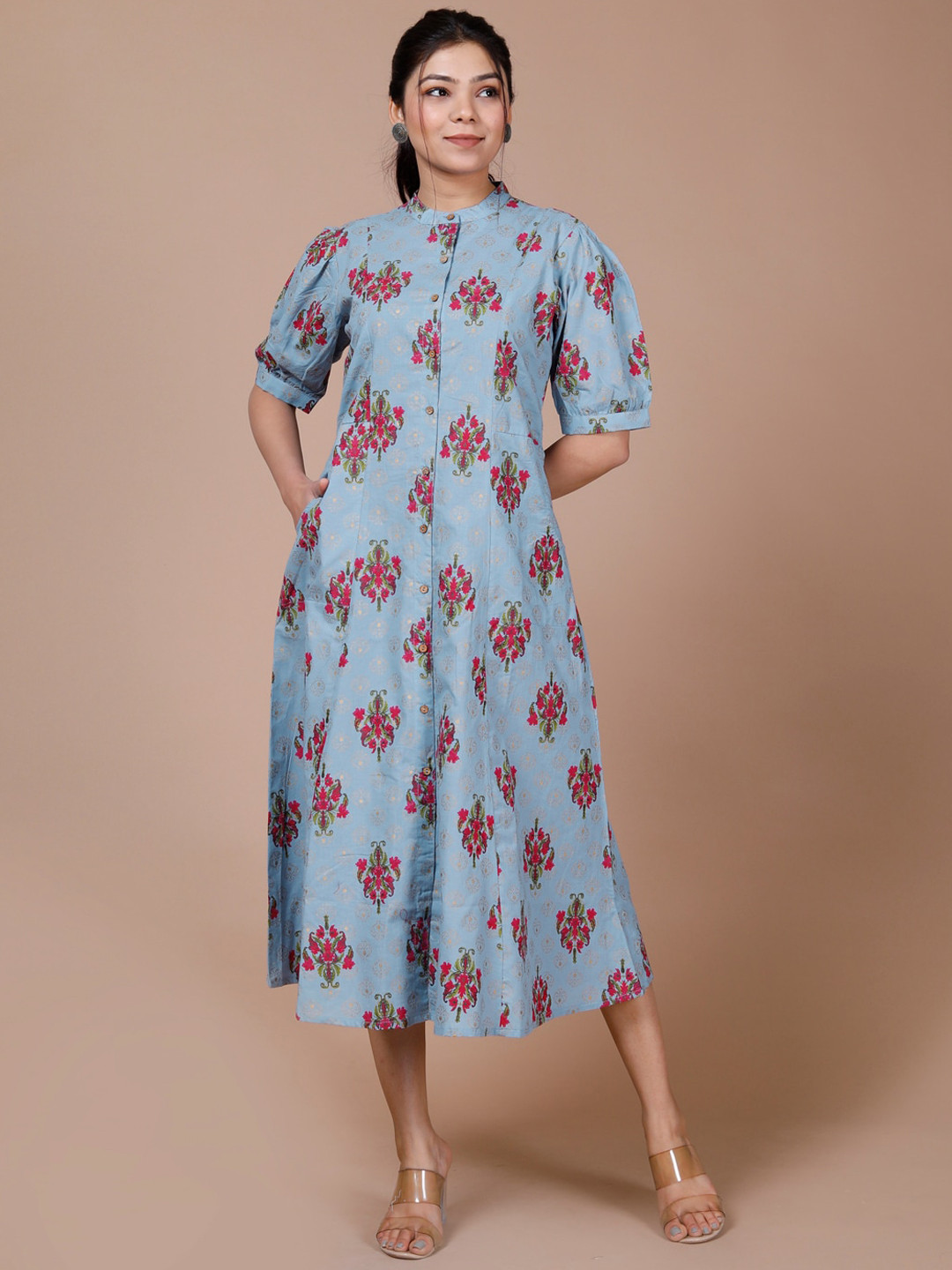 

DESI BEATS Floral Printed Pure Cotton A-Line Ethnic Dress, Turquoise blue