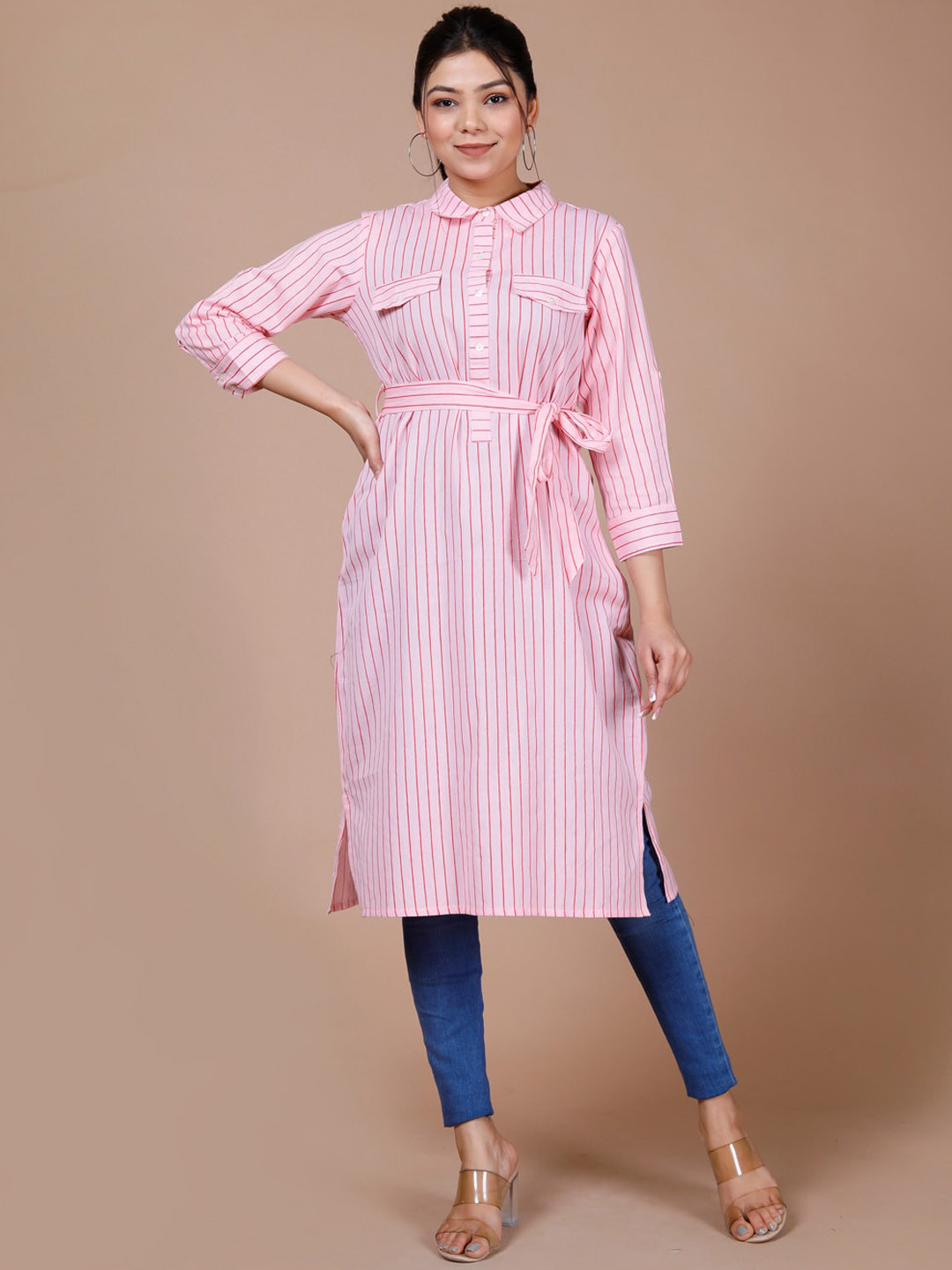 

DESI BEATS Striped Shirt Collar Waist Tie-Ups Cotton Kurta, Pink