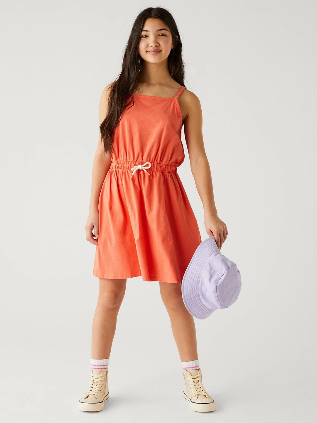 Marks & Spencer Girls Shoulder Straps Cotton A-Line Dress, Orange