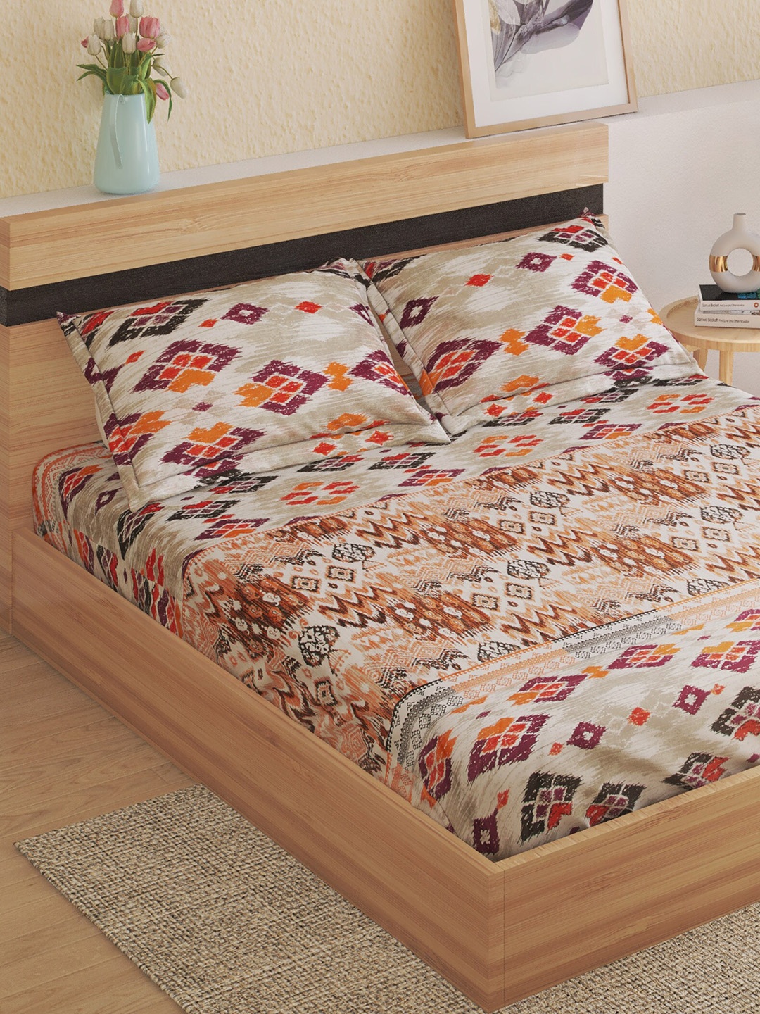 

Home Centre Beige & Red Ethnic Motifs 300 TC Cotton Queen Bedsheet with 2 Pillow Covers