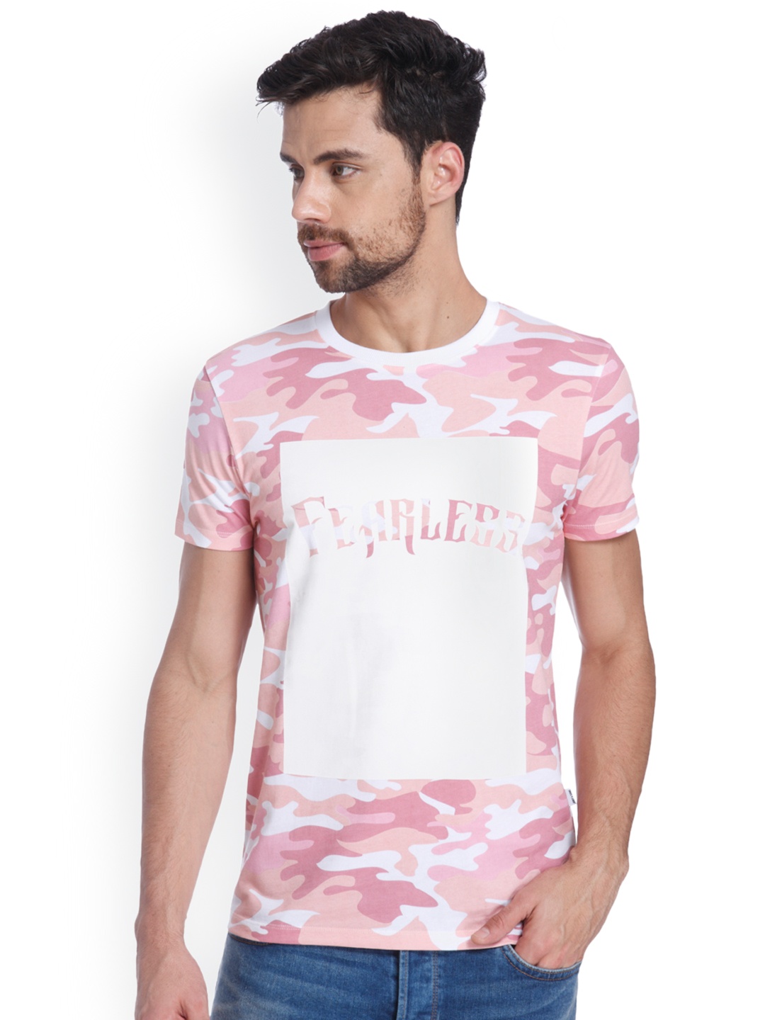 

ONLY SONS Men White Peach-Coloured Printed Round Neck Pure Cotton T-shirt