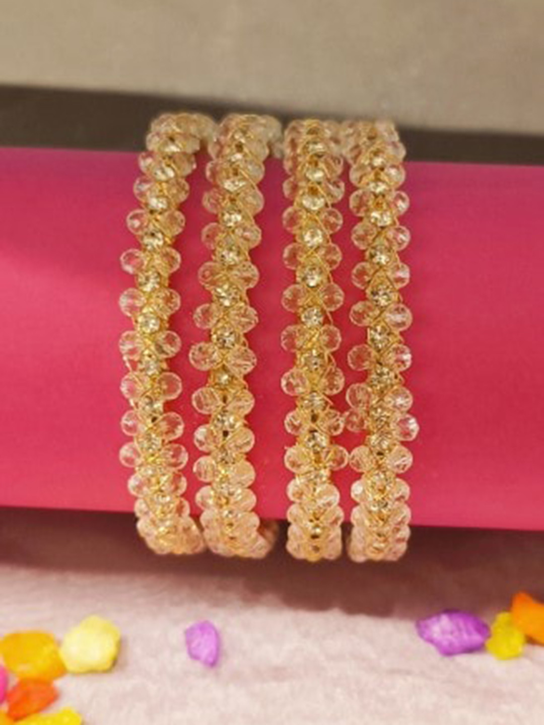 

FEMMIBELLA Set Of 4 Gold-Plated CZ-Studded Beaded Bangles