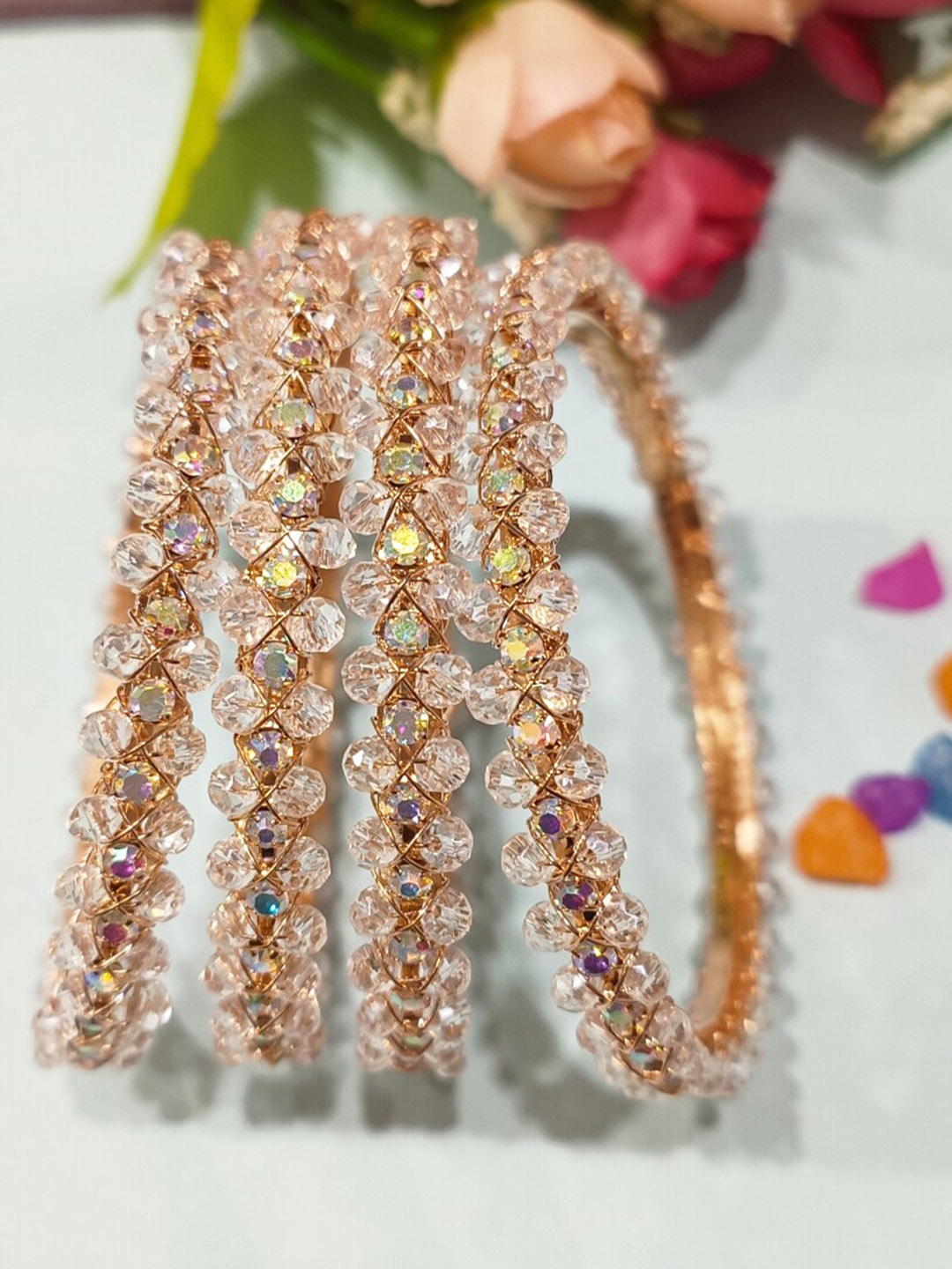 

FEMMIBELLA Set Of 4 Rose Gold-Plated CZ-Studded & Beaded Bangles