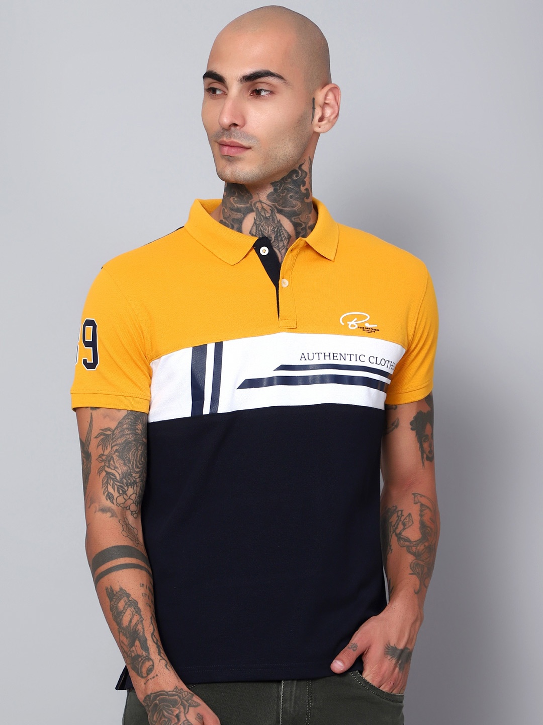 

Cantabil Colourblocked Polo Collar Cotton T-shirt, Mustard