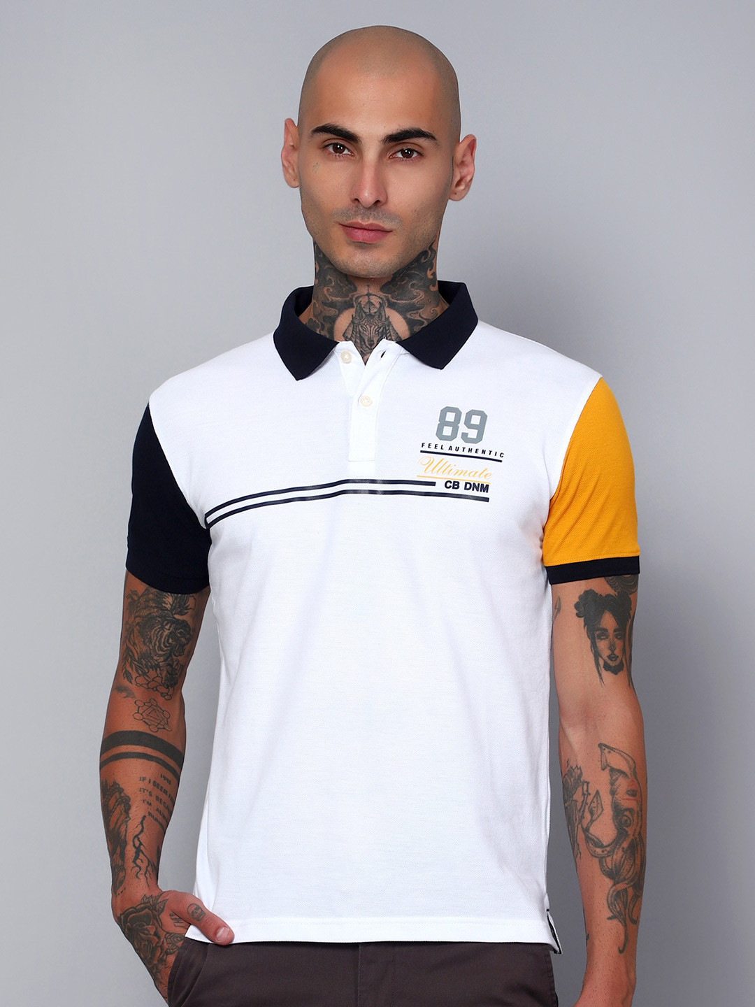 

Cantabil Colourblocked Polo Collar Cotton T-shirt, White